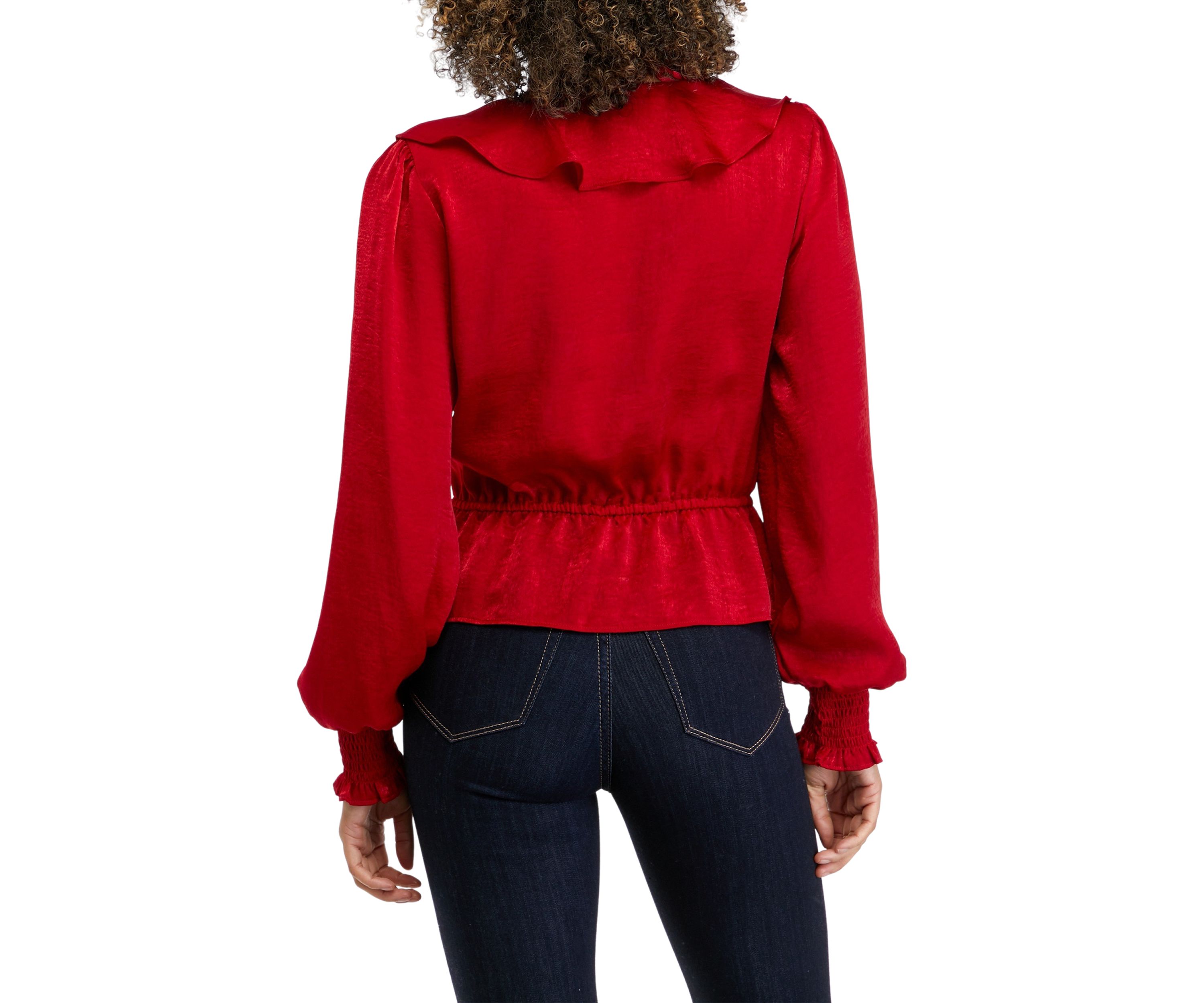 Juniors Long Sleeve Surplice Satin Woven Top