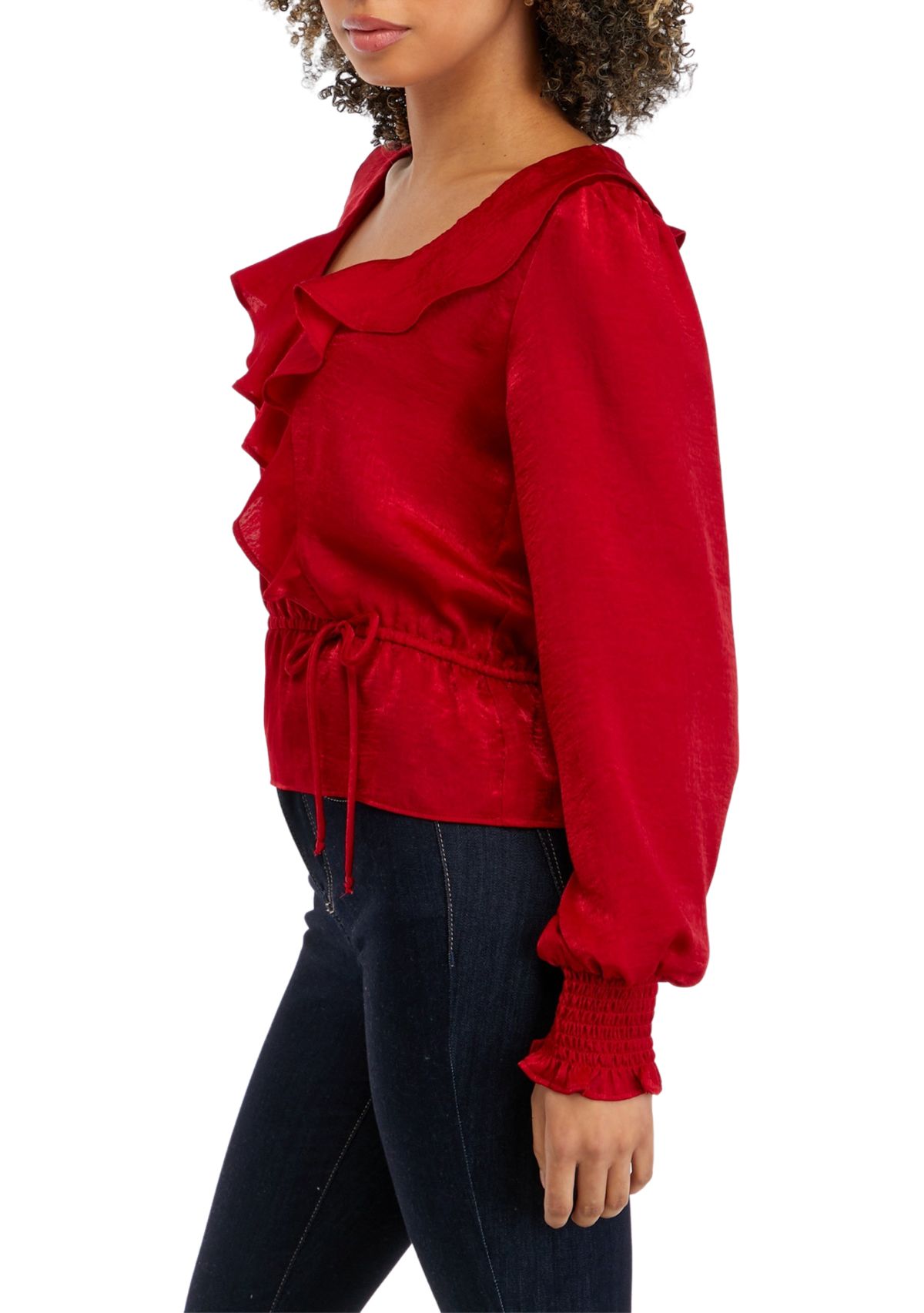 Juniors Long Sleeve Surplice Satin Woven Top