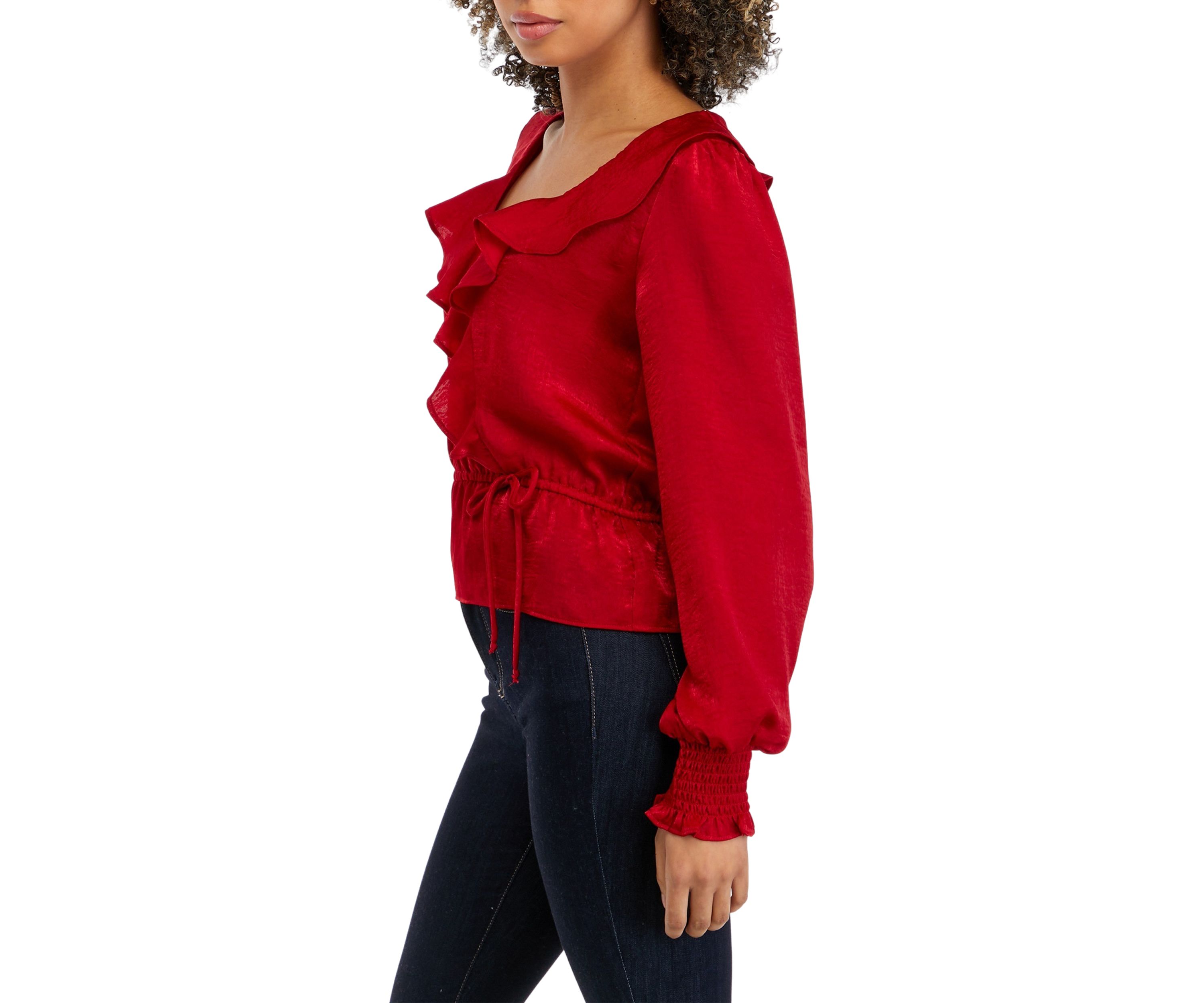 Juniors Long Sleeve Surplice Satin Woven Top