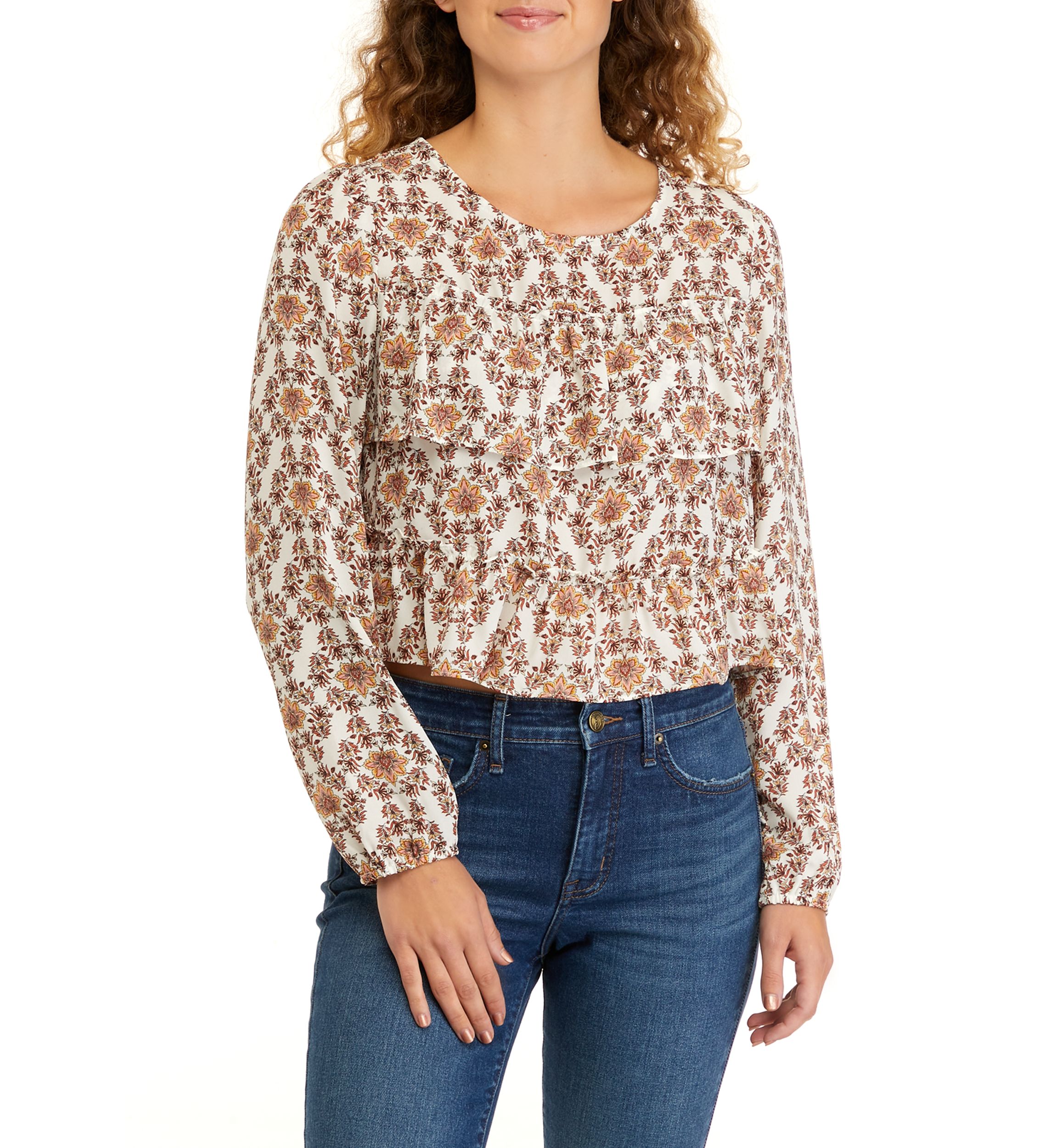 Juniors Long Sleeve Double Ruffle Woven Shirt