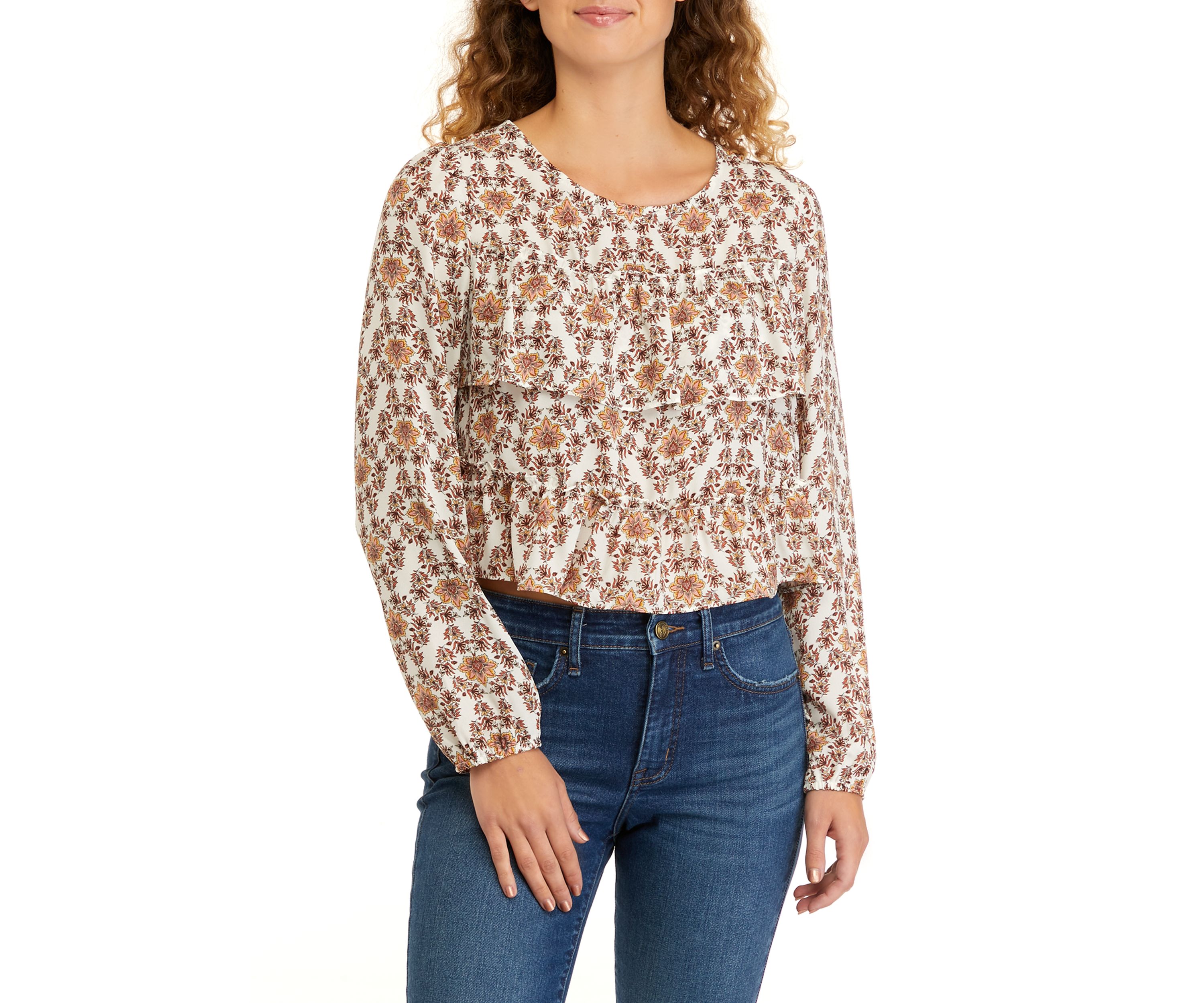 Juniors Long Sleeve Double Ruffle Woven Shirt