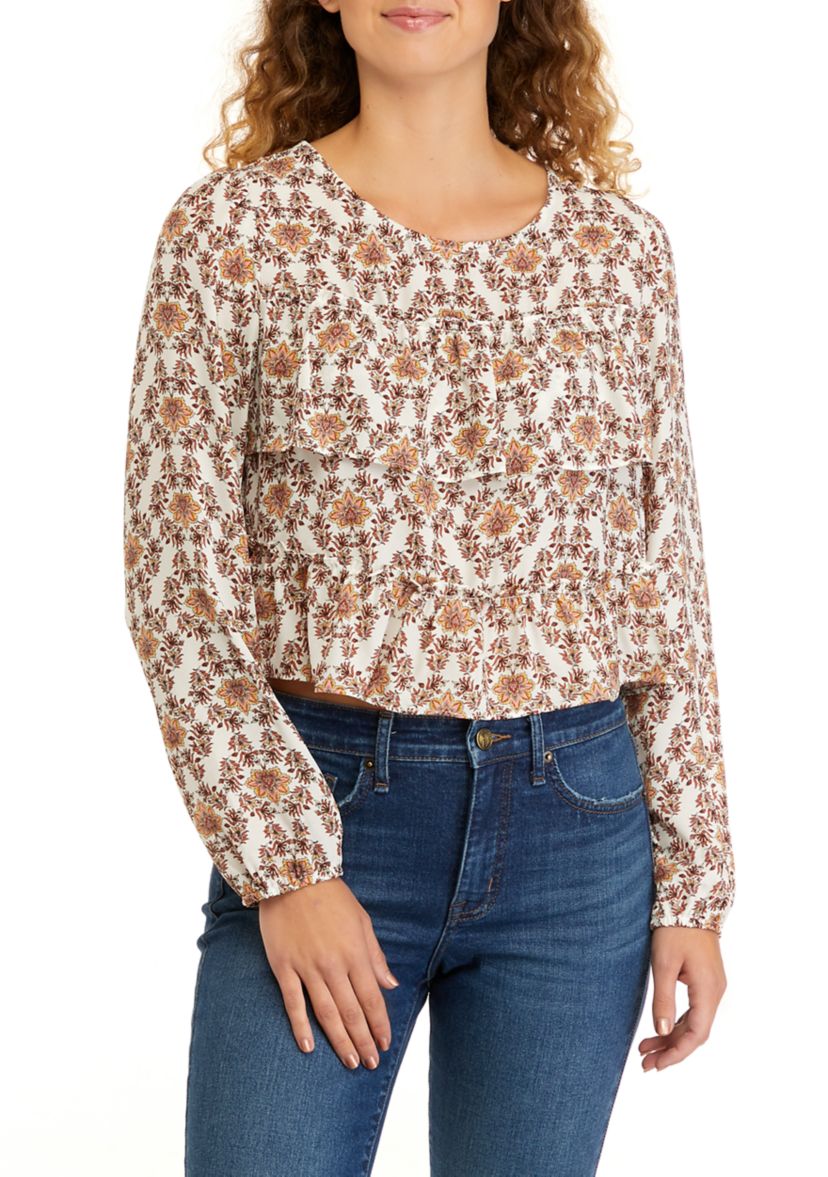 Juniors Long Sleeve Double Ruffle Woven Shirt
