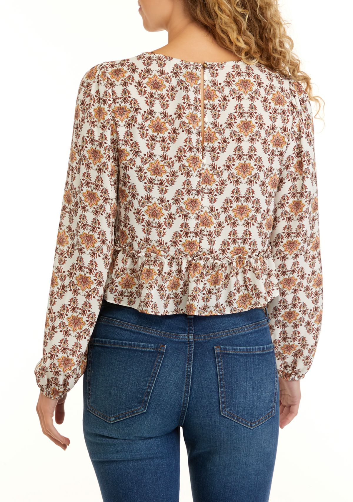 Juniors Long Sleeve Double Ruffle Woven Shirt