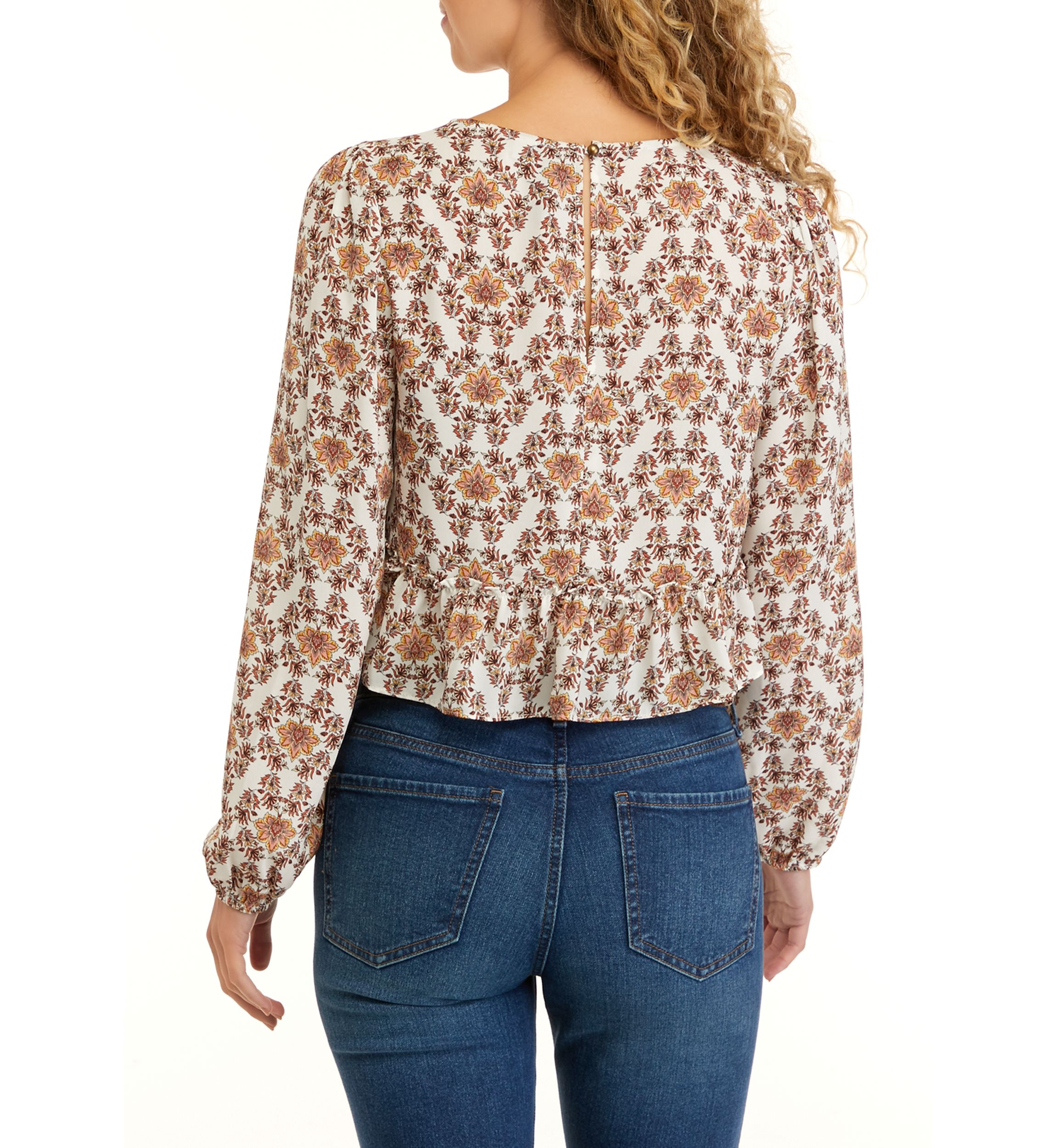 Juniors Long Sleeve Double Ruffle Woven Shirt