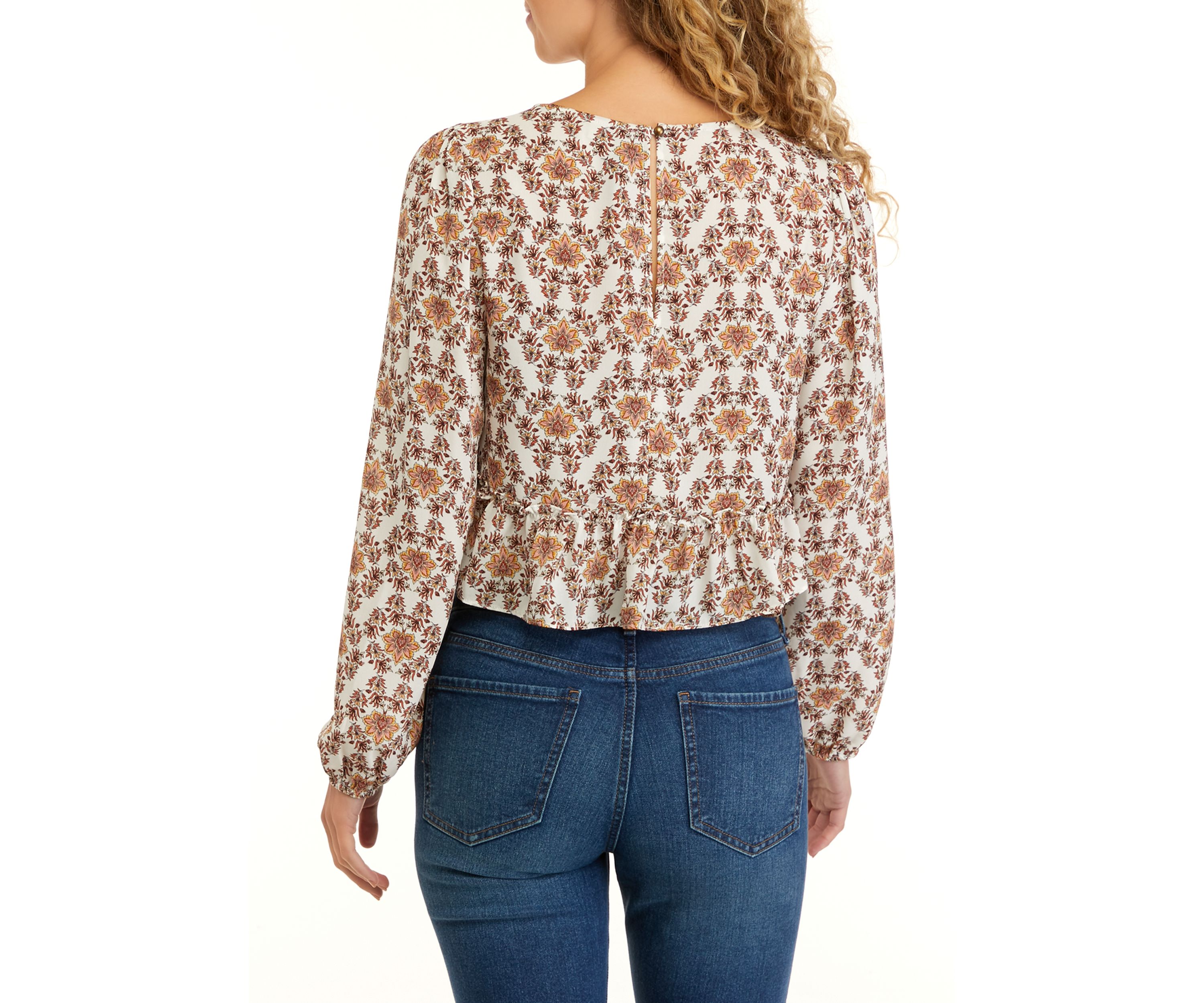 Juniors Long Sleeve Double Ruffle Woven Shirt