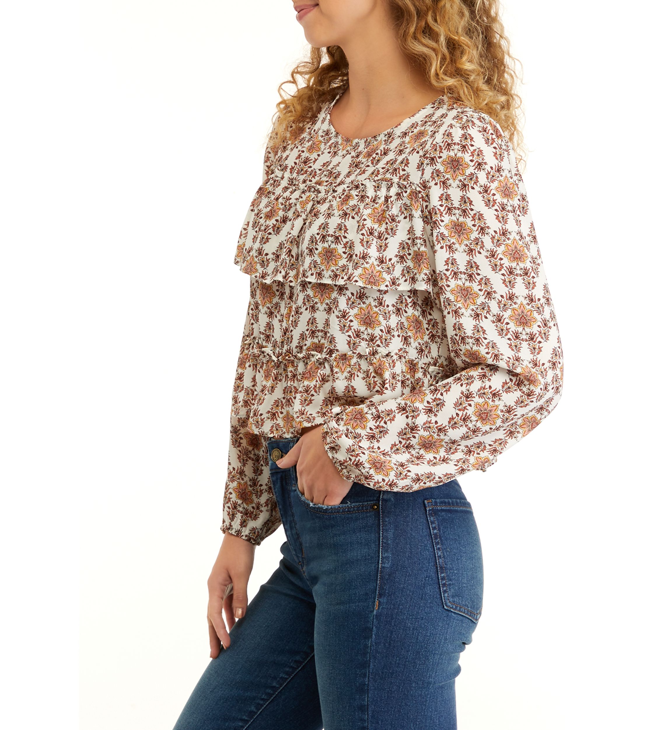 Juniors Long Sleeve Double Ruffle Woven Shirt