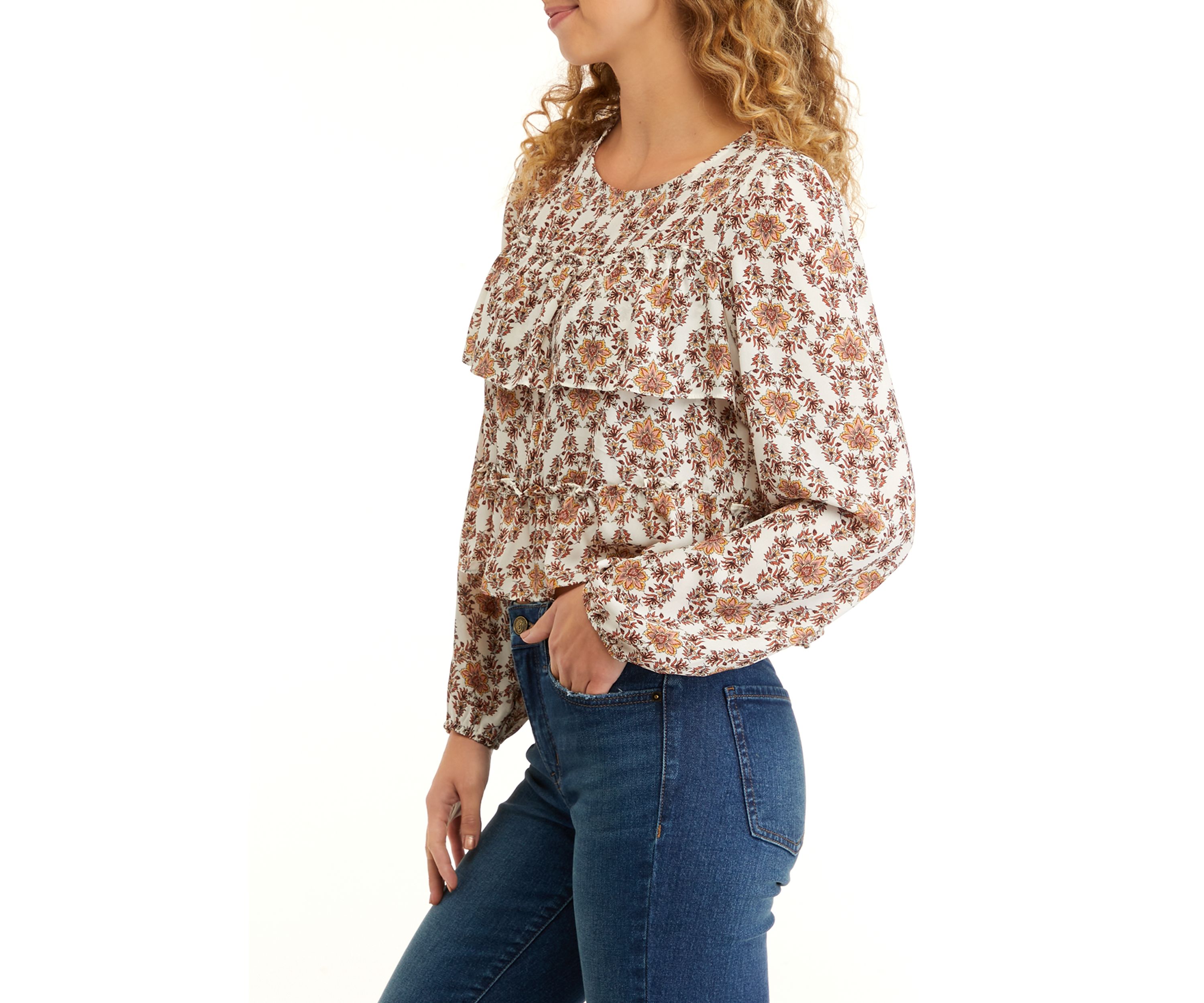 Juniors Long Sleeve Double Ruffle Woven Shirt
