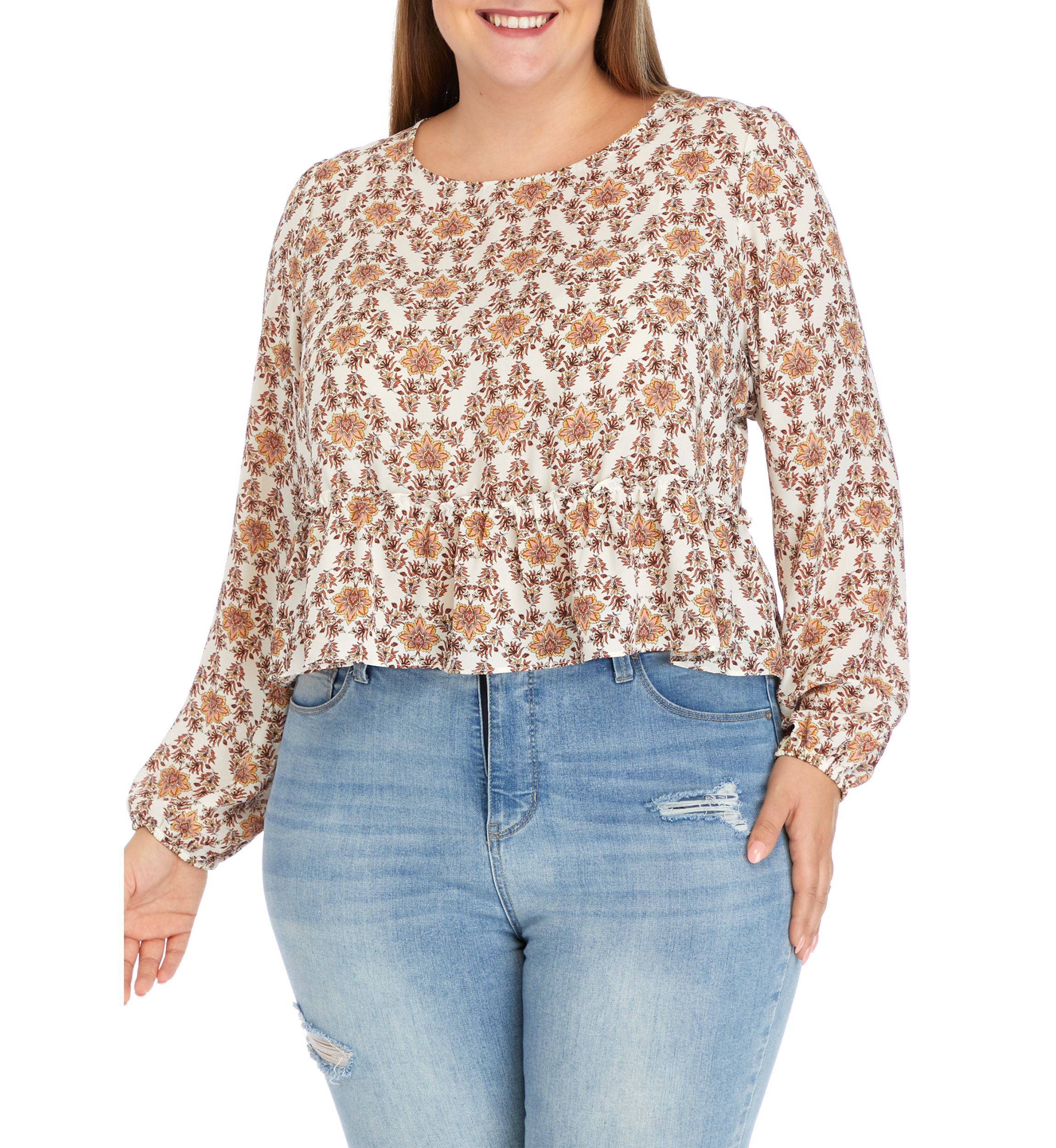 Plus Size Long Sleeve Double Ruffle Woven Top