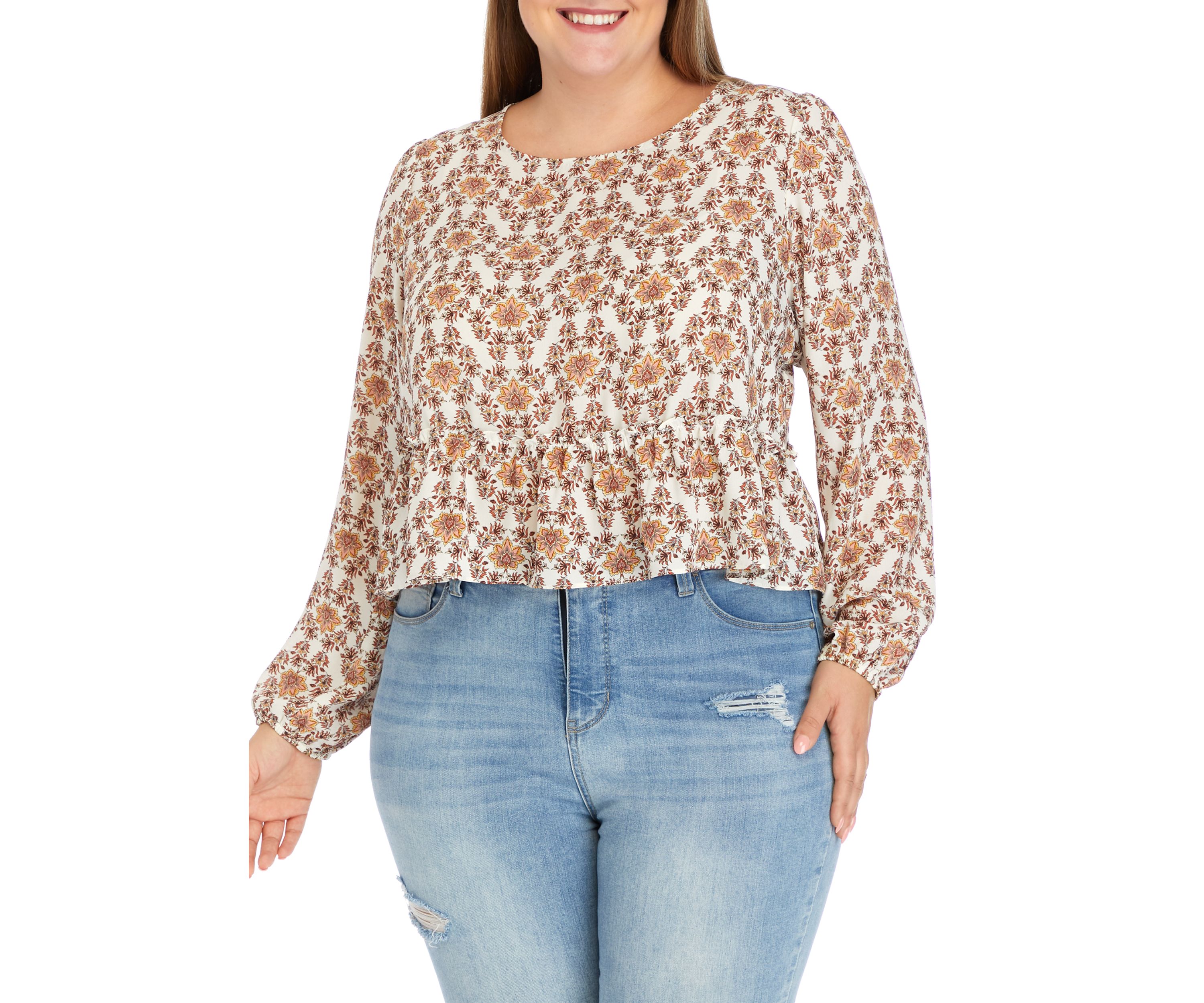 Plus Size Long Sleeve Double Ruffle Woven Top