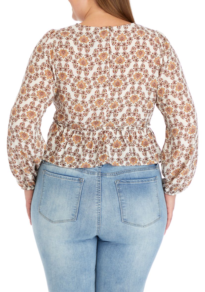 Plus Size Long Sleeve Double Ruffle Woven Top
