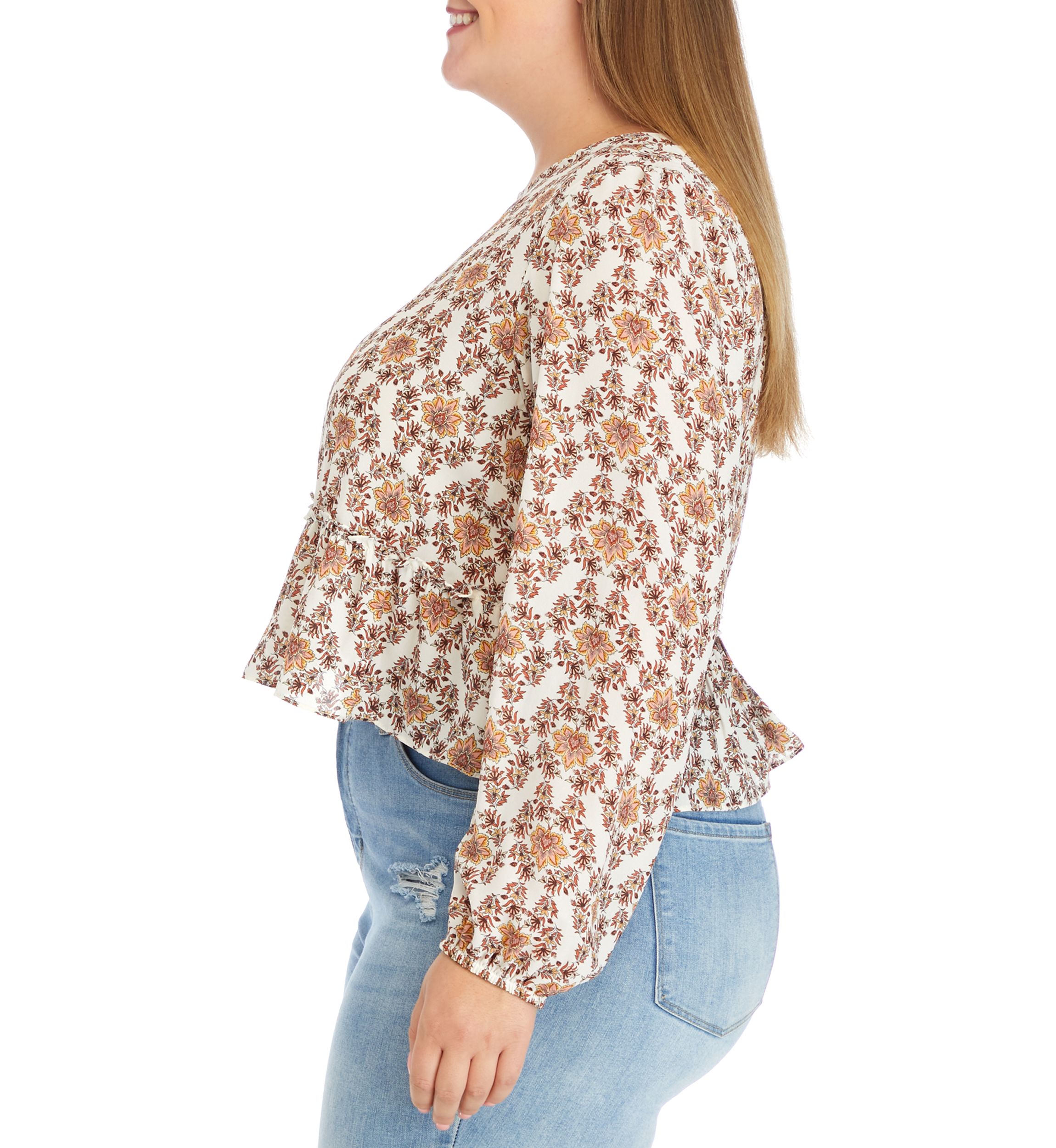 Plus Size Long Sleeve Double Ruffle Woven Top