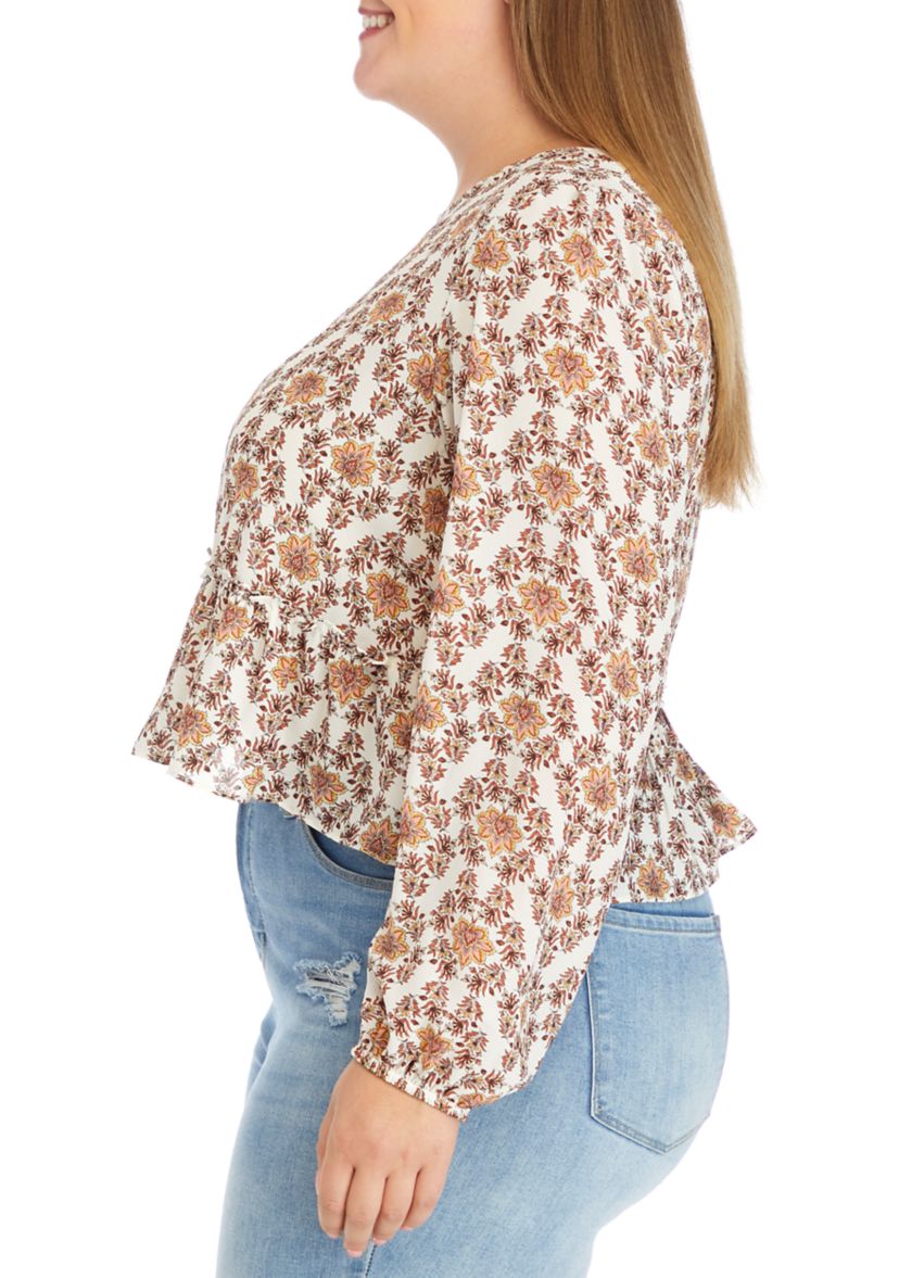 Plus Size Long Sleeve Double Ruffle Woven Top