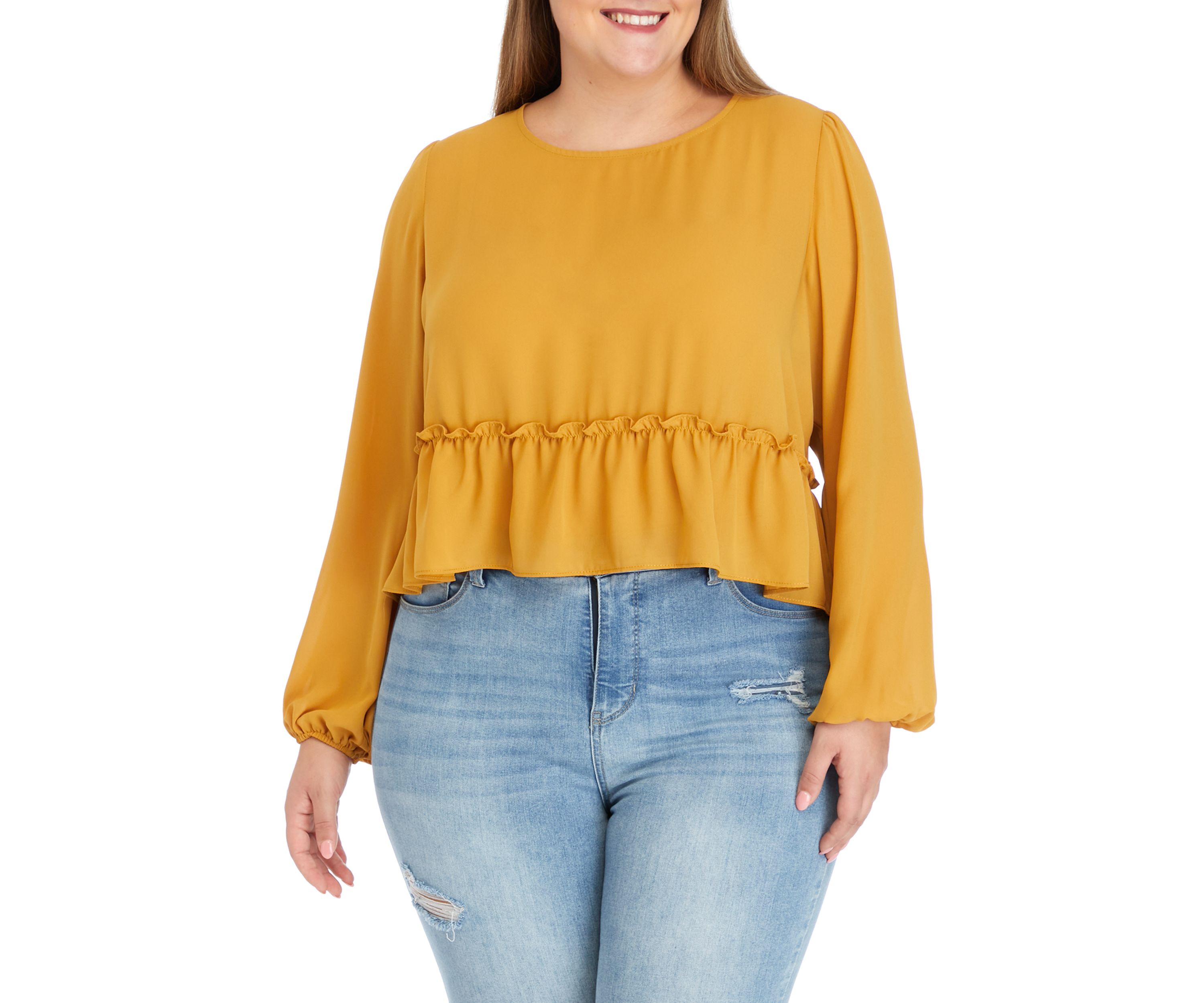 Plus Size Long Sleeve Double Ruffle Woven Top