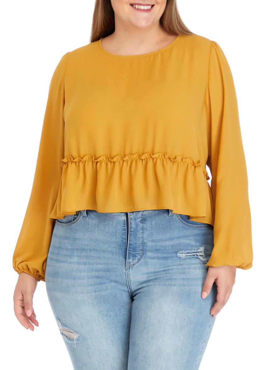 Plus Size Long Sleeve Double Ruffle Woven Top