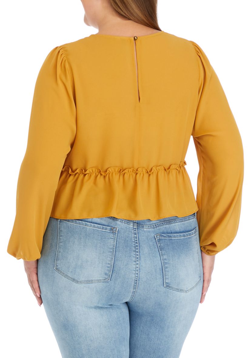 Plus Size Long Sleeve Double Ruffle Woven Top