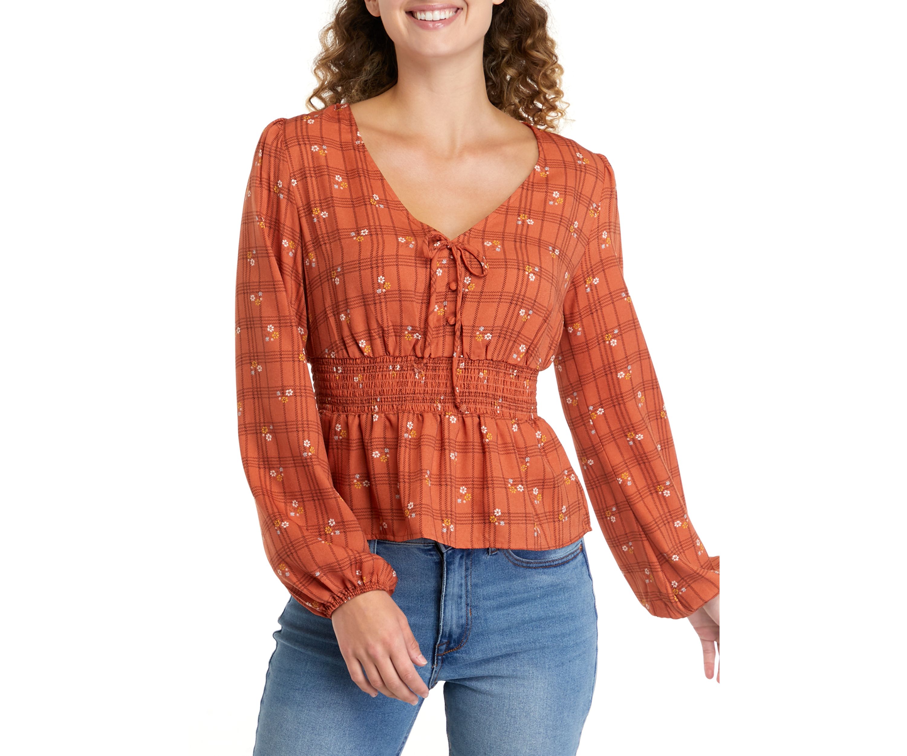 Juniors Long Sleeve V-Neck Smocked Waist Woven Top