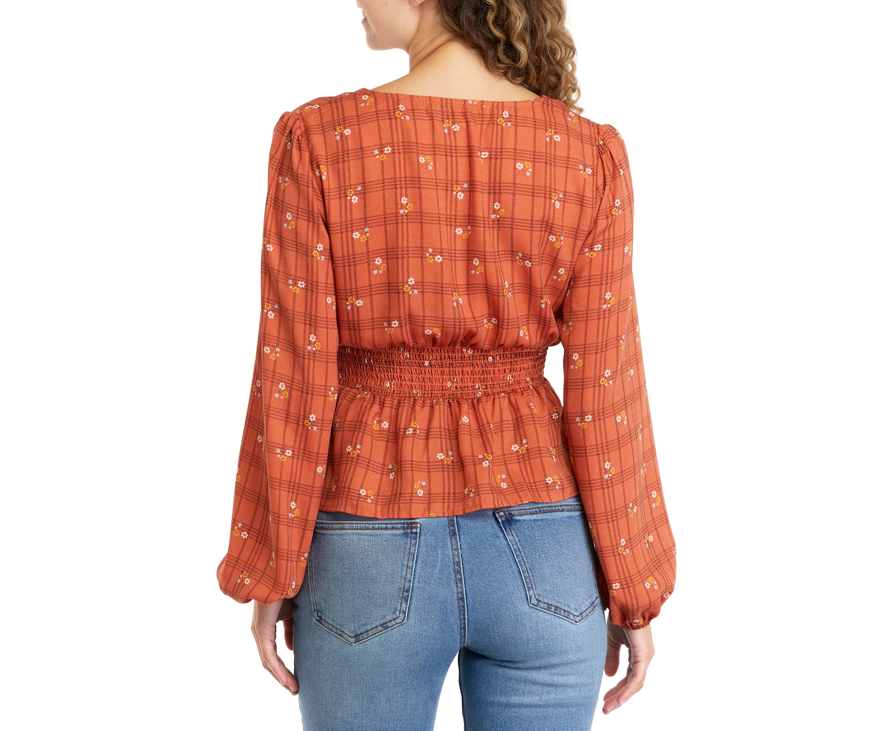 Juniors Long Sleeve V-Neck Smocked Waist Woven Top