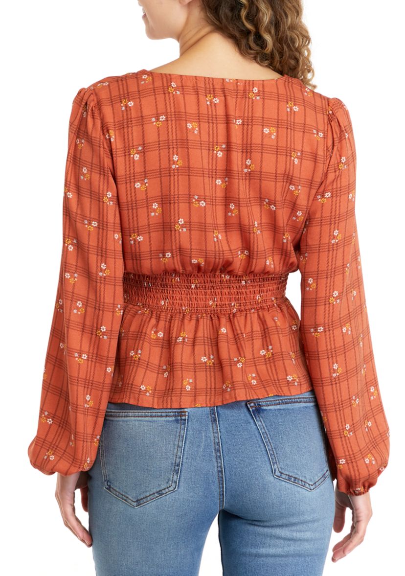Juniors Long Sleeve V-Neck Smocked Waist Woven Top
