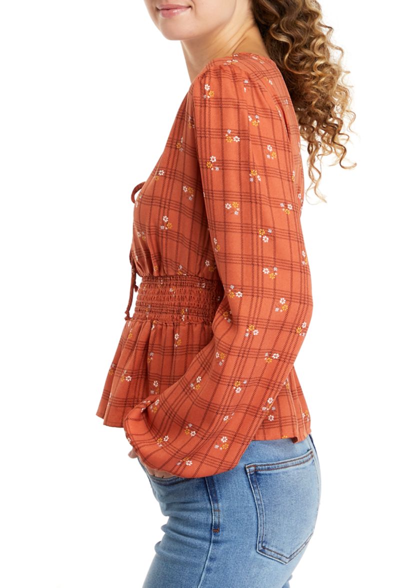 Juniors Long Sleeve V-Neck Smocked Waist Woven Top