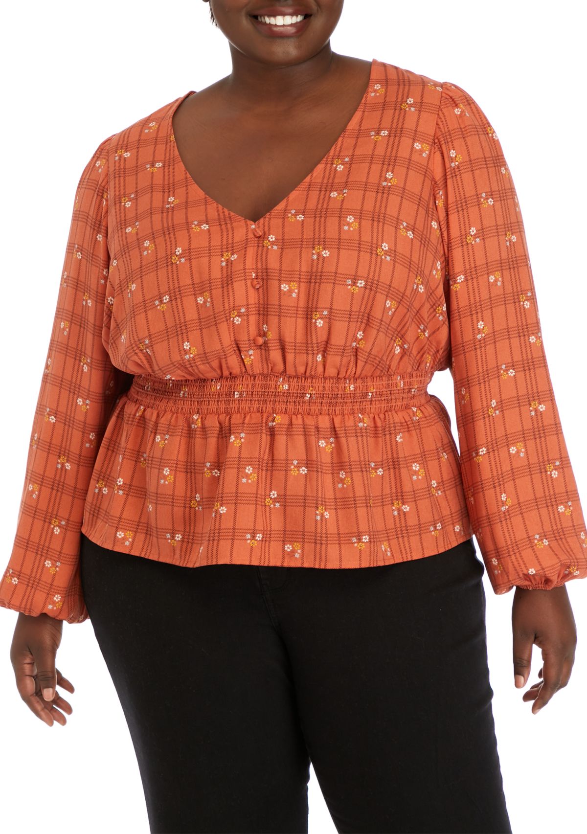 Plus Size Long Sleeve V-Neck Smocked Waist Woven Top