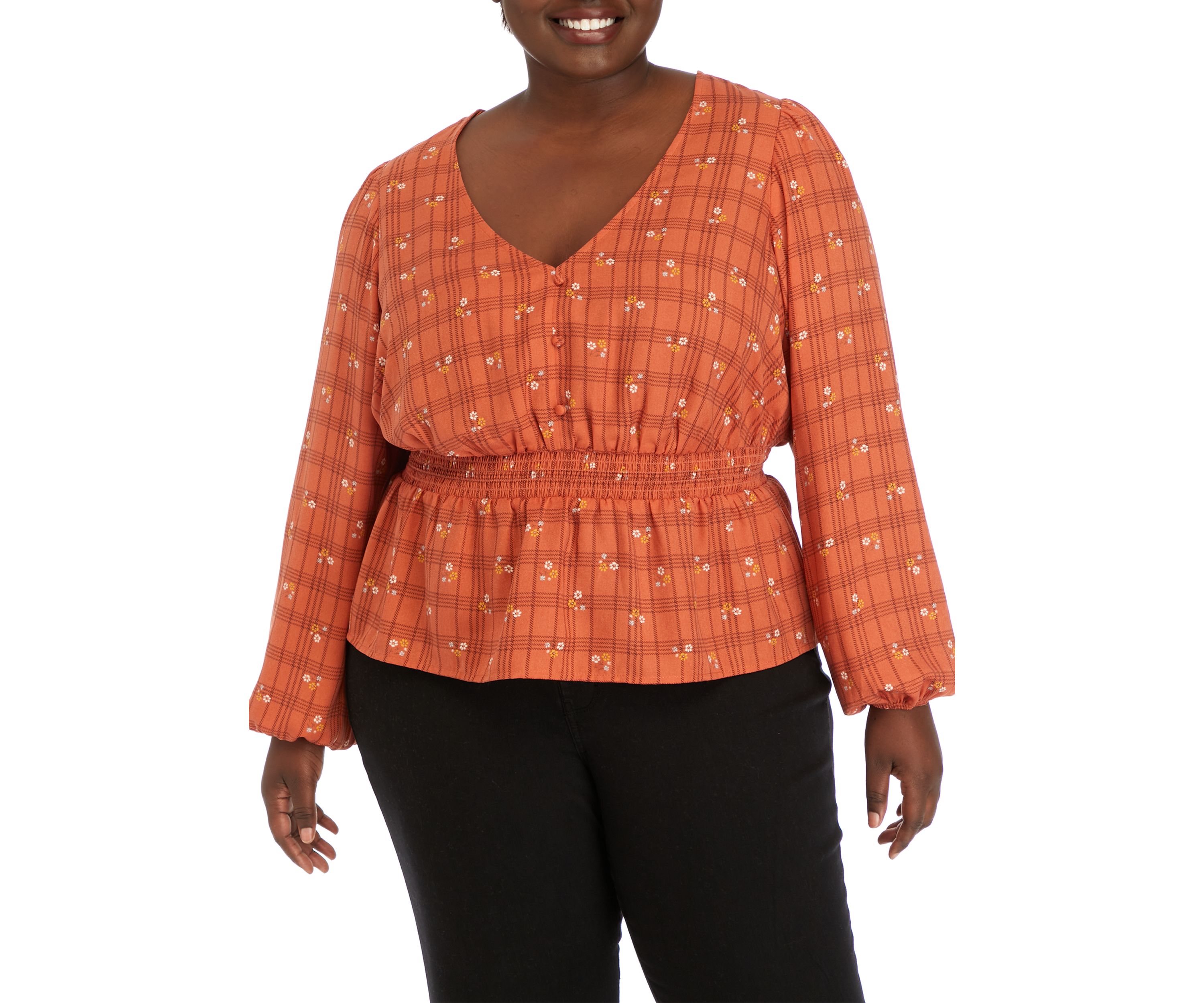 Plus Size Long Sleeve V-Neck Smocked Waist Woven Top