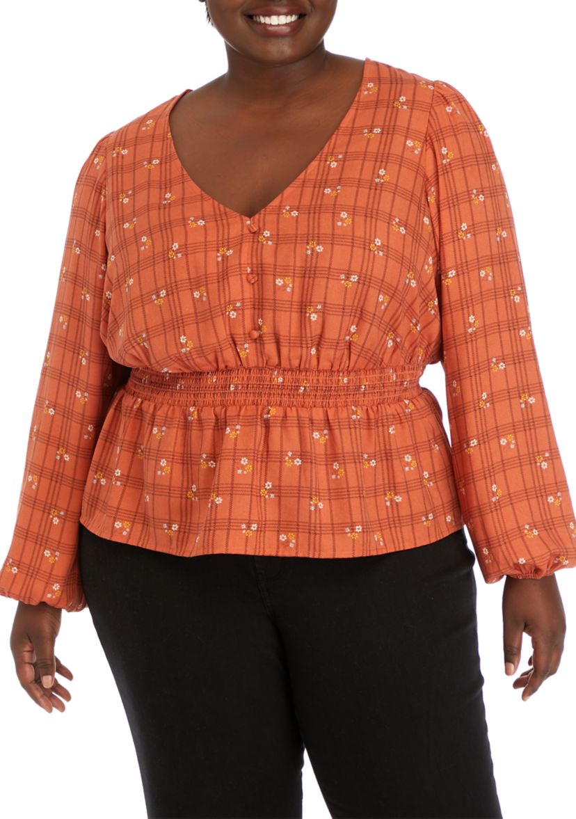Plus Size Long Sleeve V-Neck Smocked Waist Woven Top