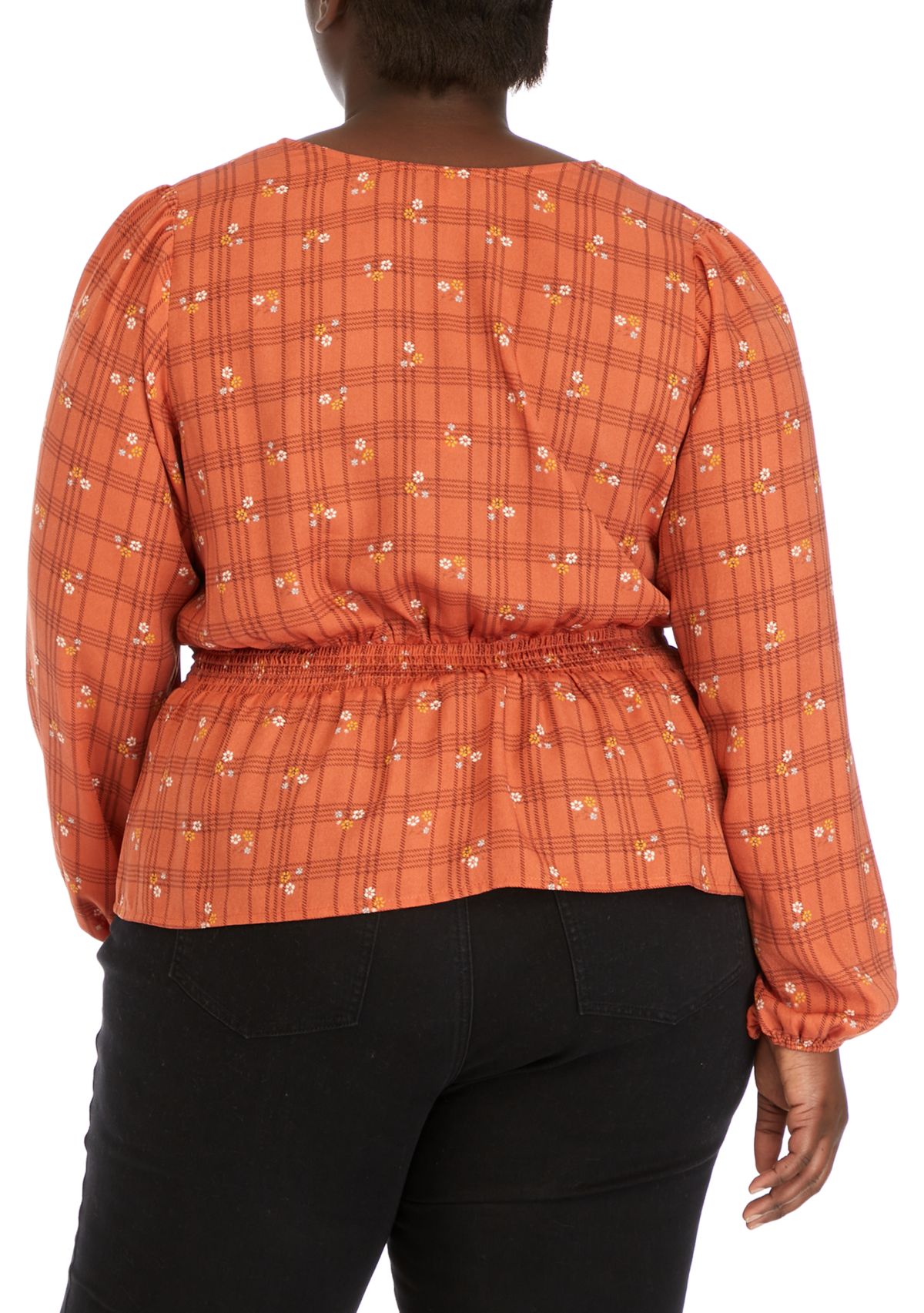 Plus Size Long Sleeve V-Neck Smocked Waist Woven Top