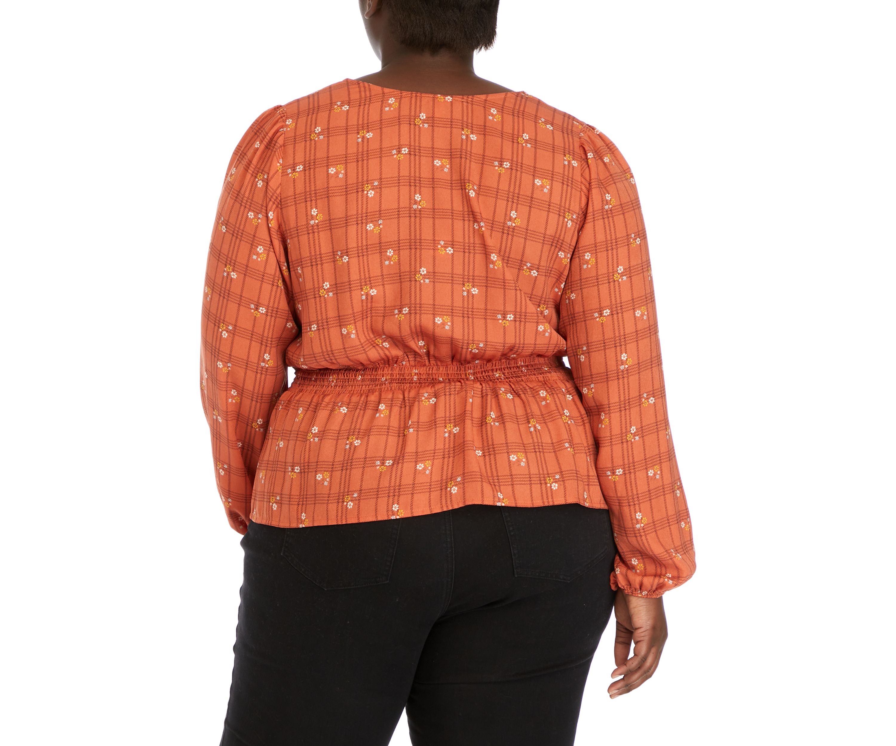 Plus Size Long Sleeve V-Neck Smocked Waist Woven Top