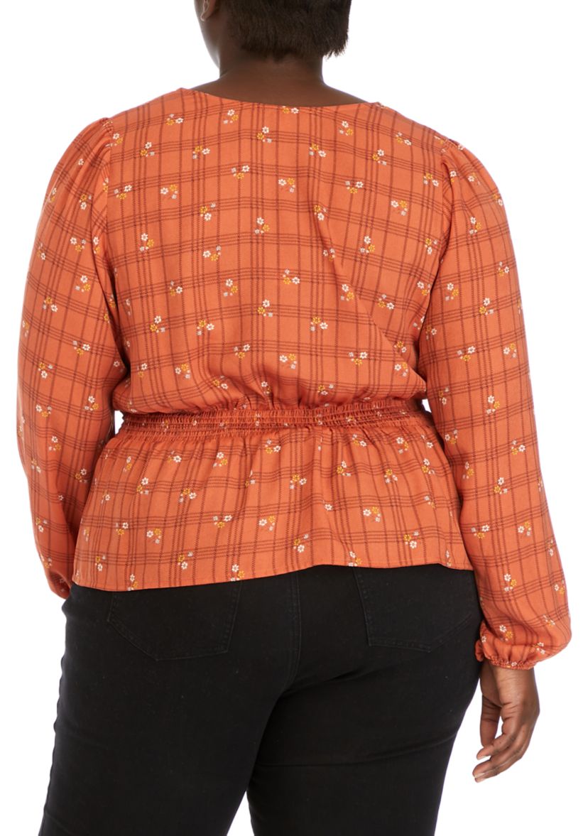 Plus Size Long Sleeve V-Neck Smocked Waist Woven Top