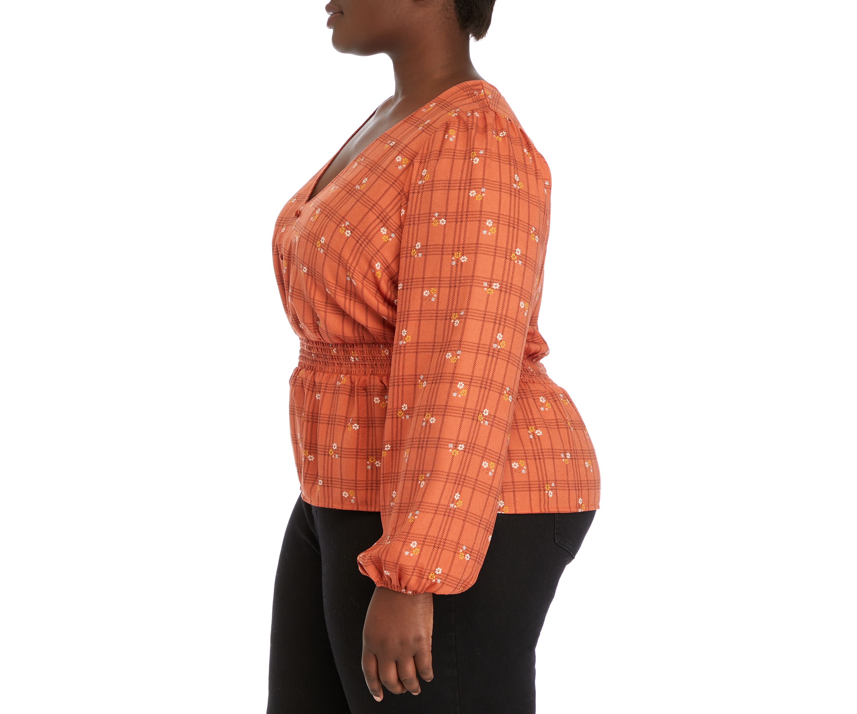 Plus Size Long Sleeve V-Neck Smocked Waist Woven Top