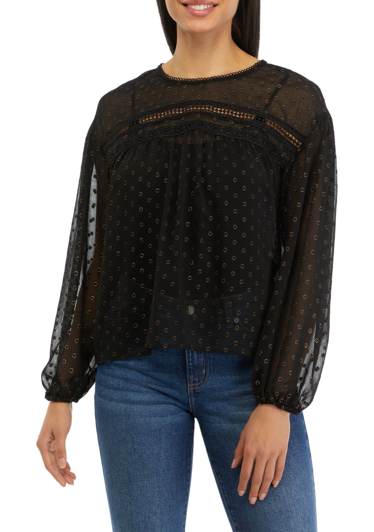 Womens Crochet Inset Woven Top