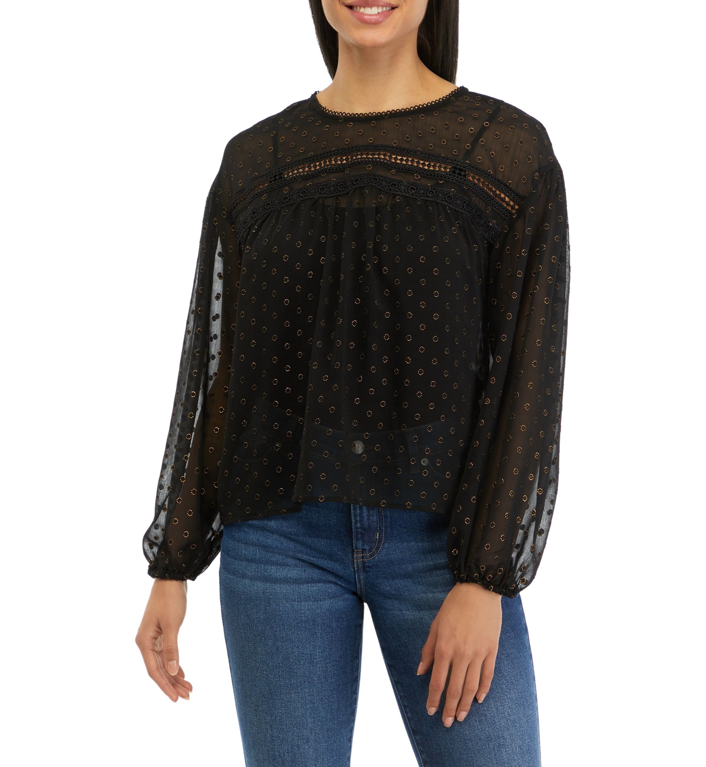 Womens Crochet Inset Woven Top
