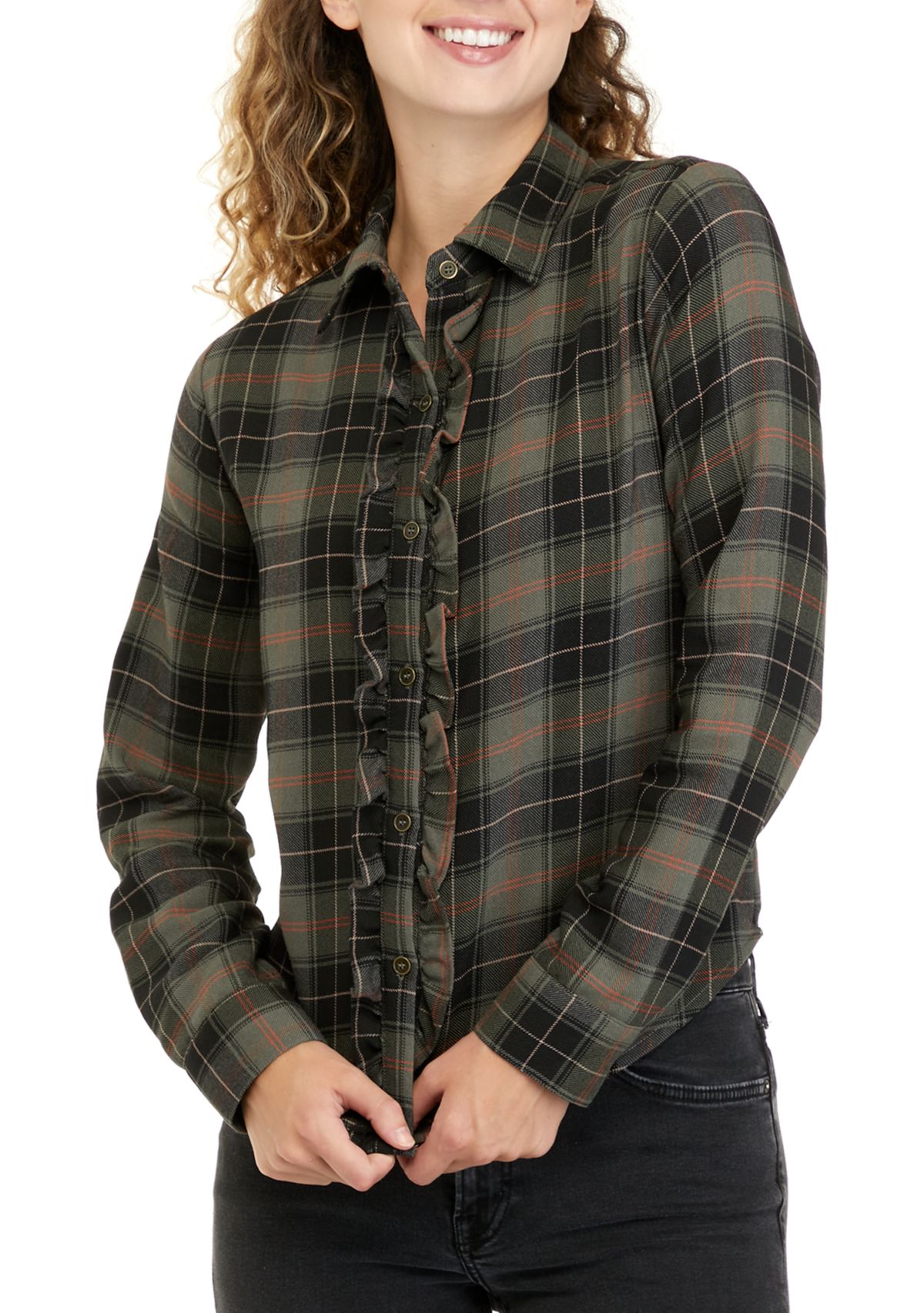 Juniors Long Sleeve Ruffled Woven Shirt