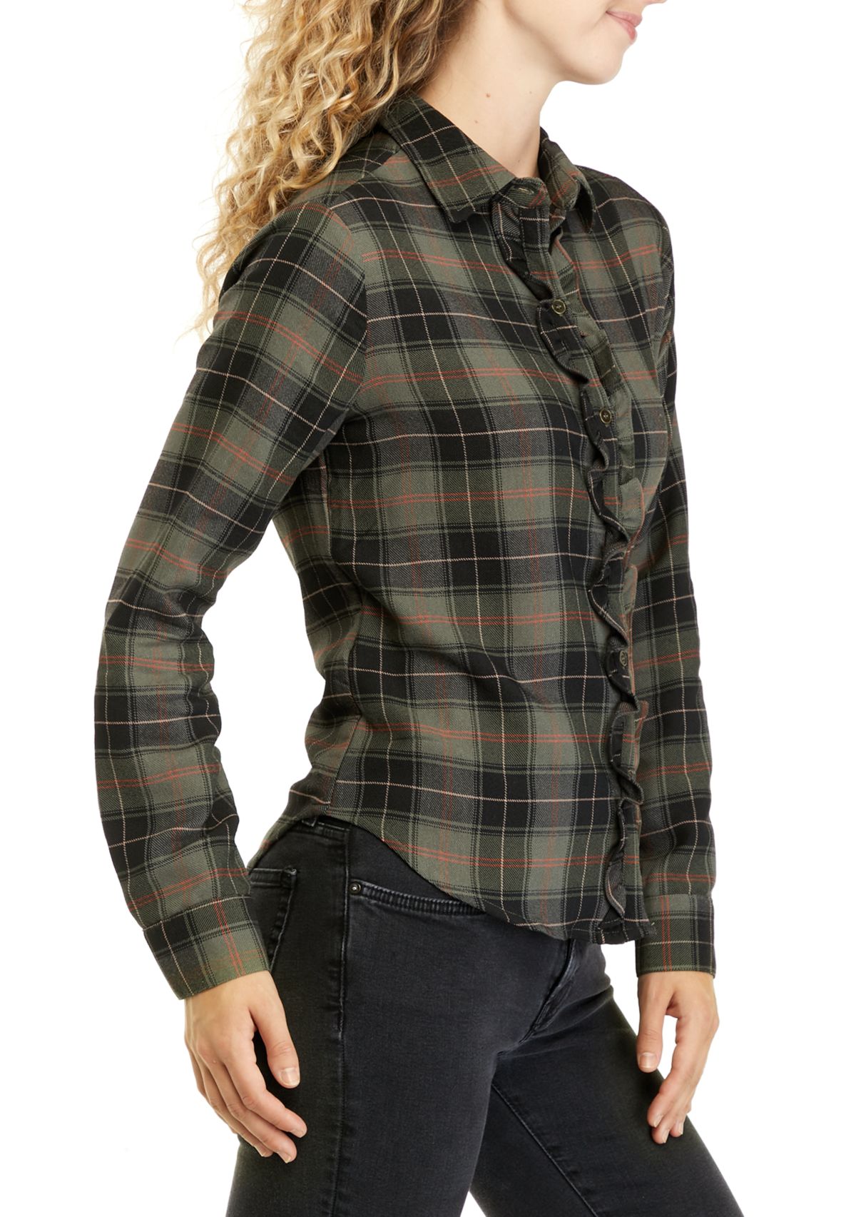 Juniors Long Sleeve Ruffled Woven Shirt