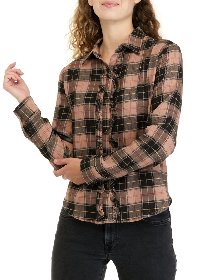 Juniors Long Sleeve Ruffled Woven Shirt