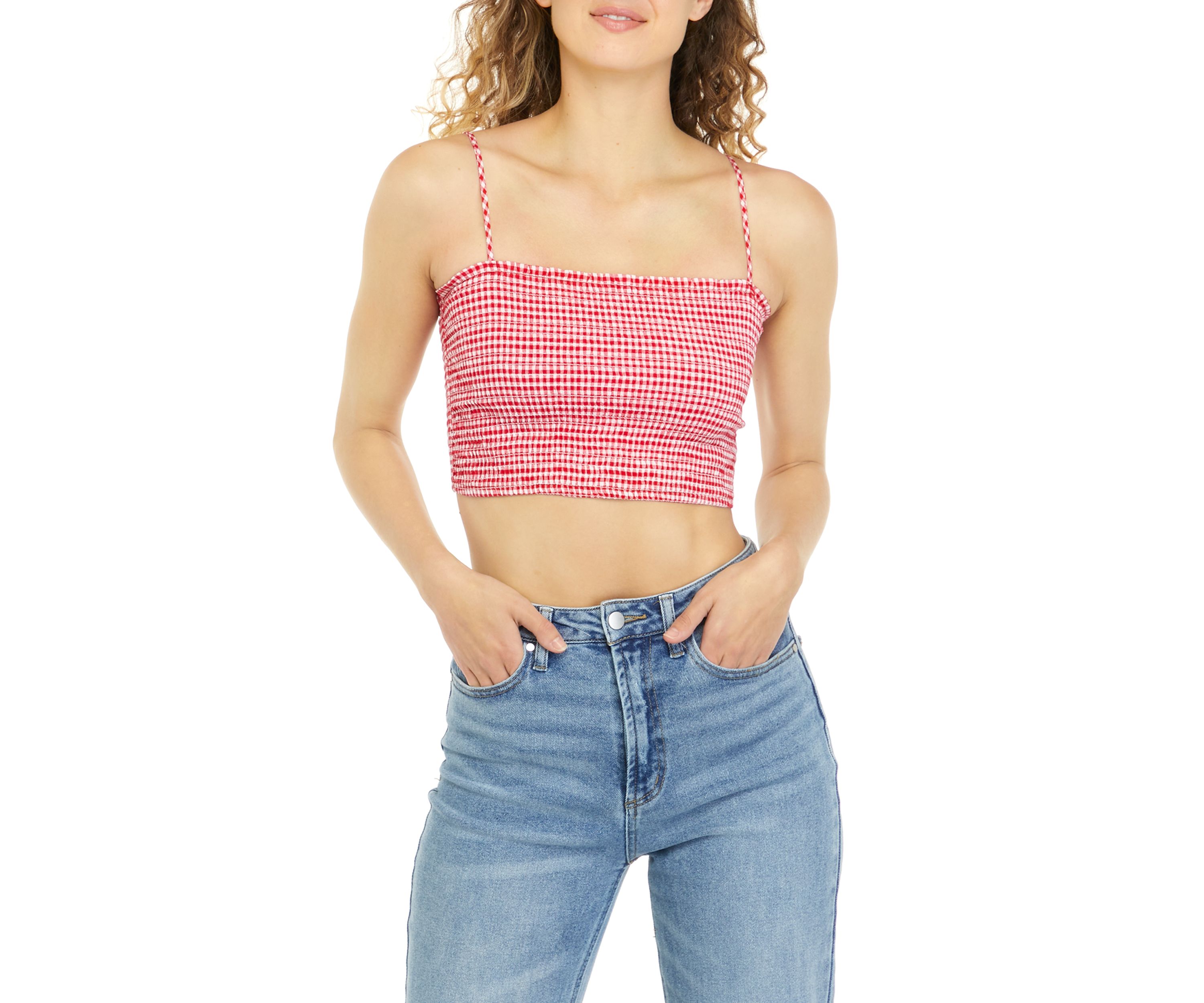 Juniors Sleeveless Gingham Smocked Top 