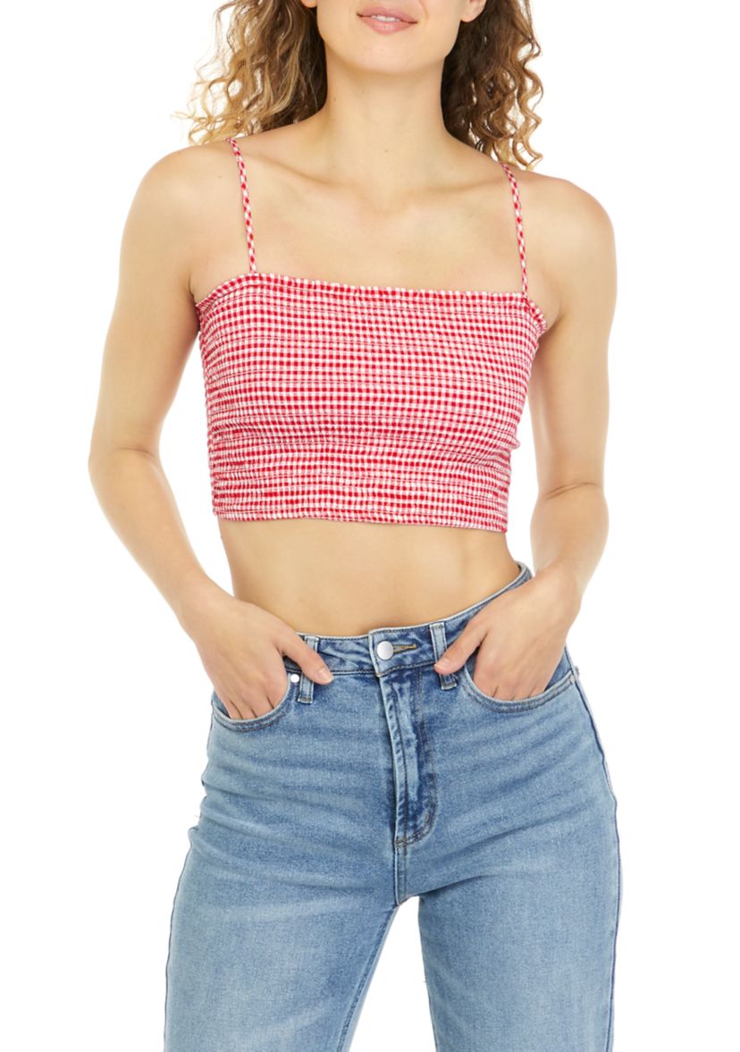 Juniors Sleeveless Gingham Smocked Top 