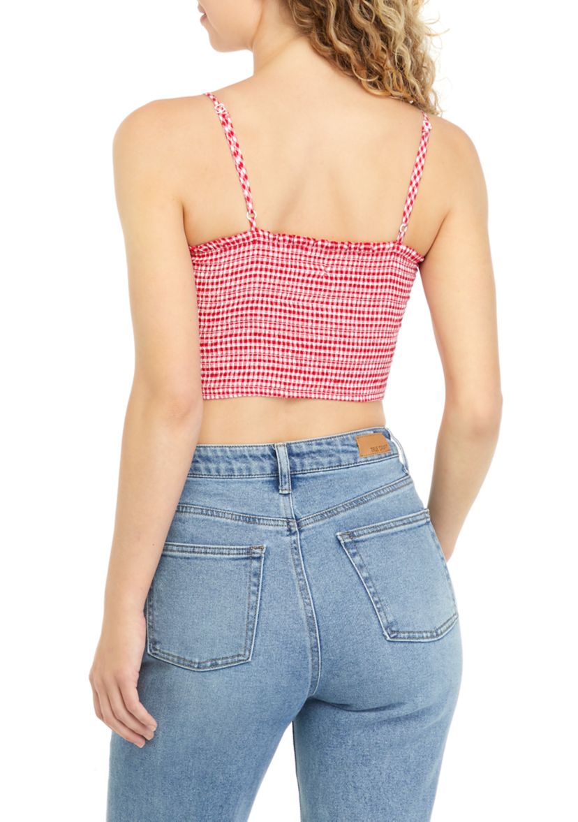 Juniors Sleeveless Gingham Smocked Top 