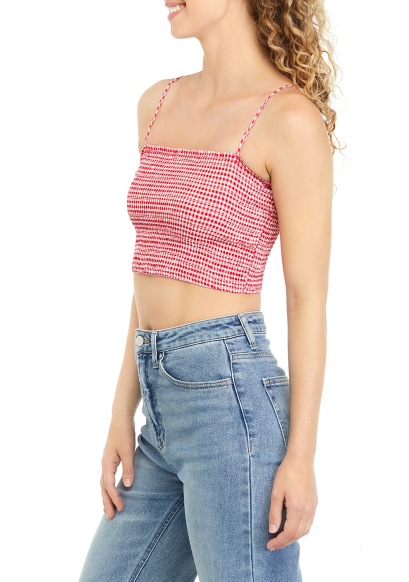 Juniors Sleeveless Gingham Smocked Top 
