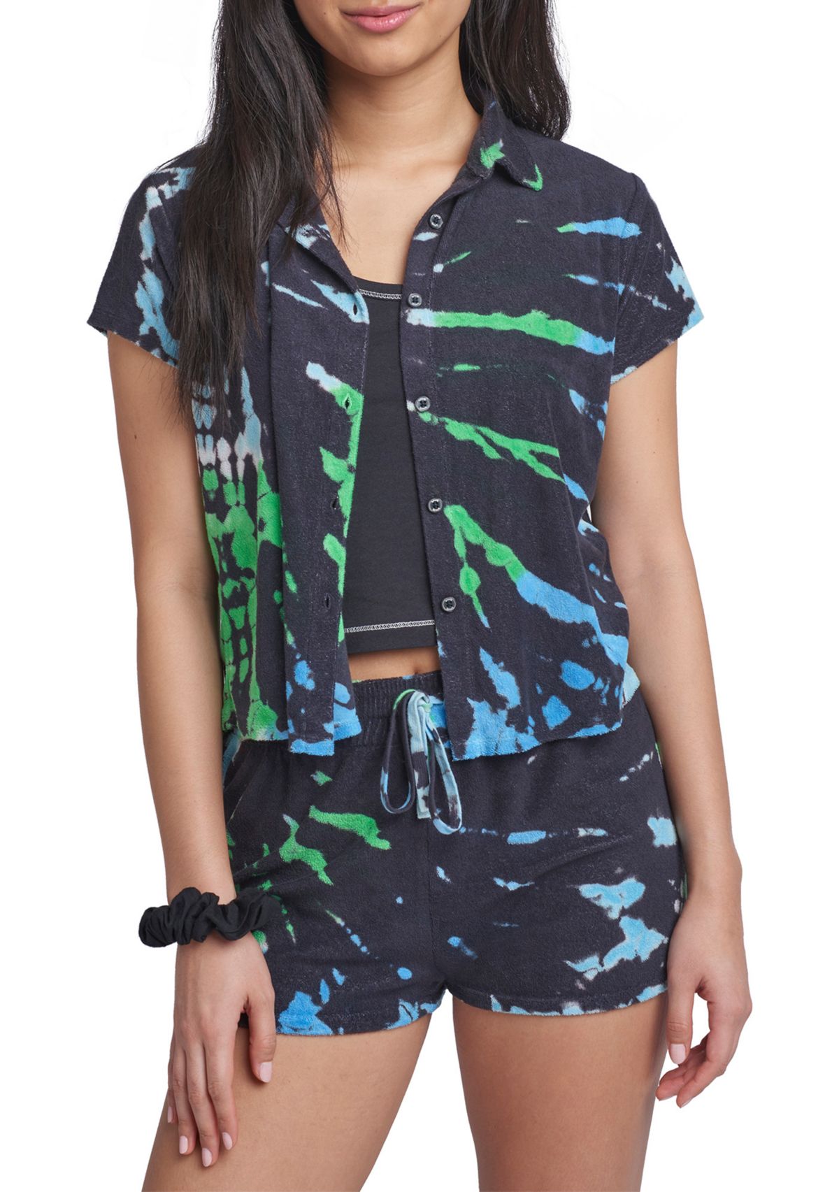 Womens Printed French Terry Button Down Shirt 