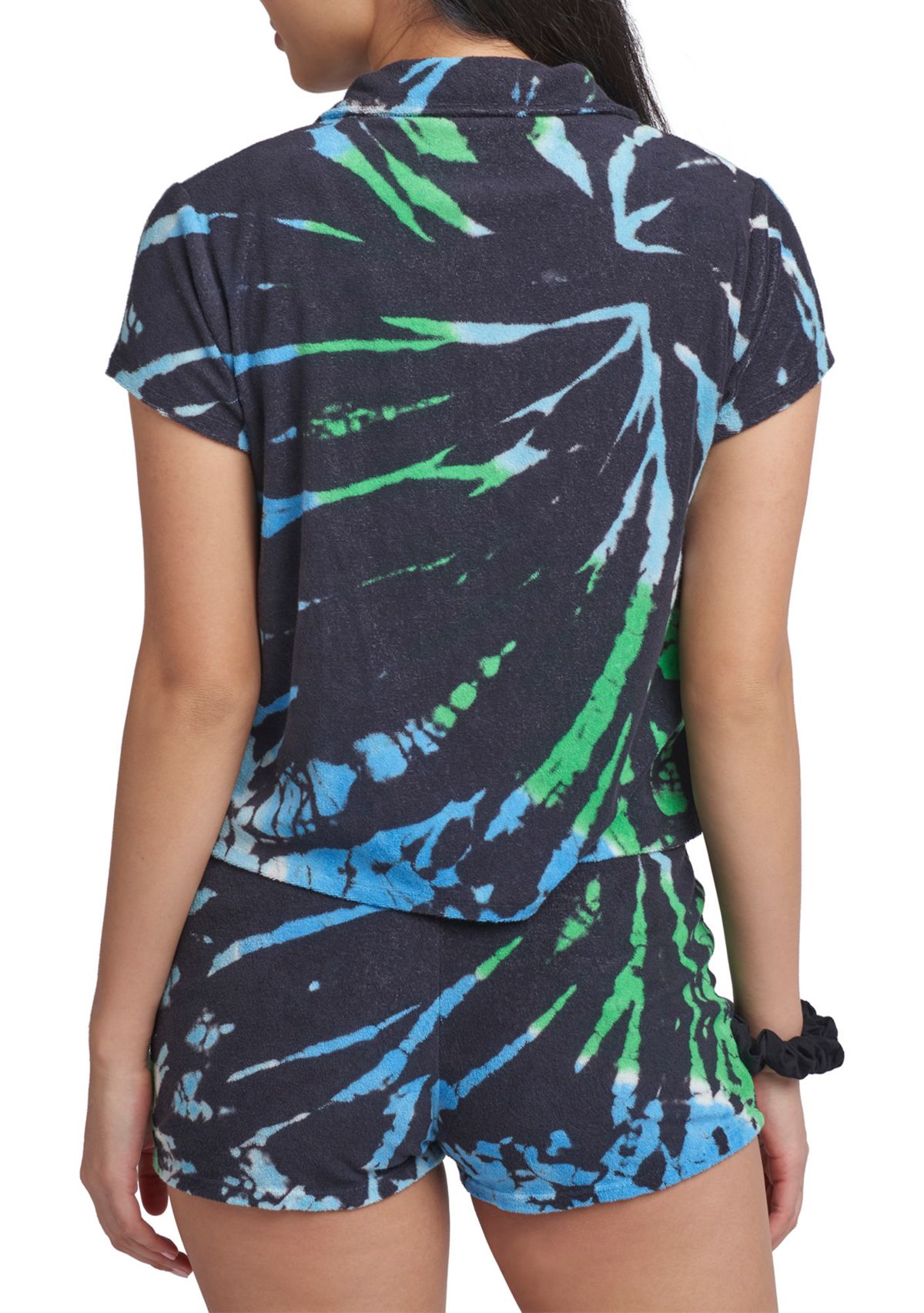 Womens Printed French Terry Button Down Shirt 