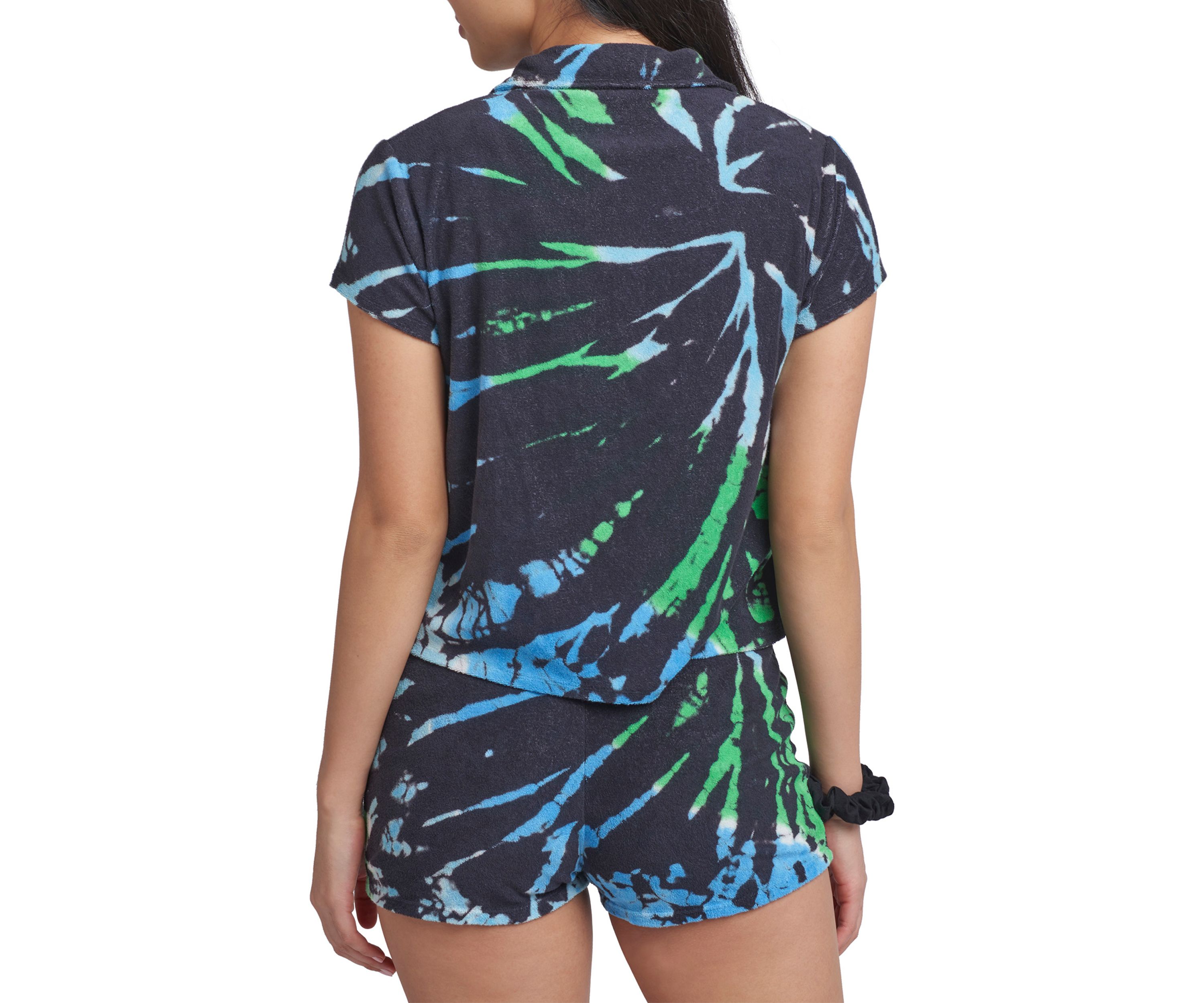 Womens Printed French Terry Button Down Shirt 