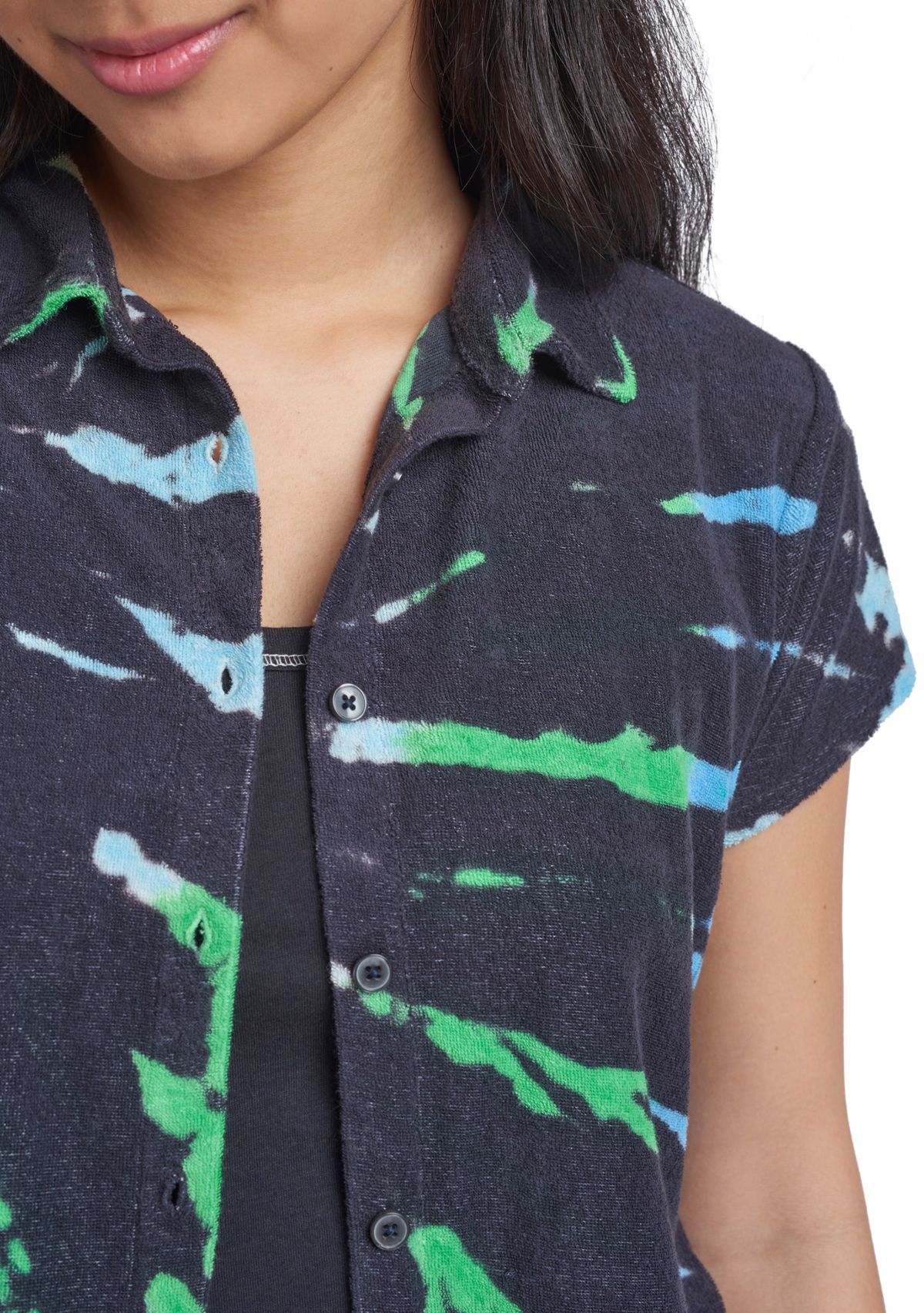 Womens Printed French Terry Button Down Shirt 
