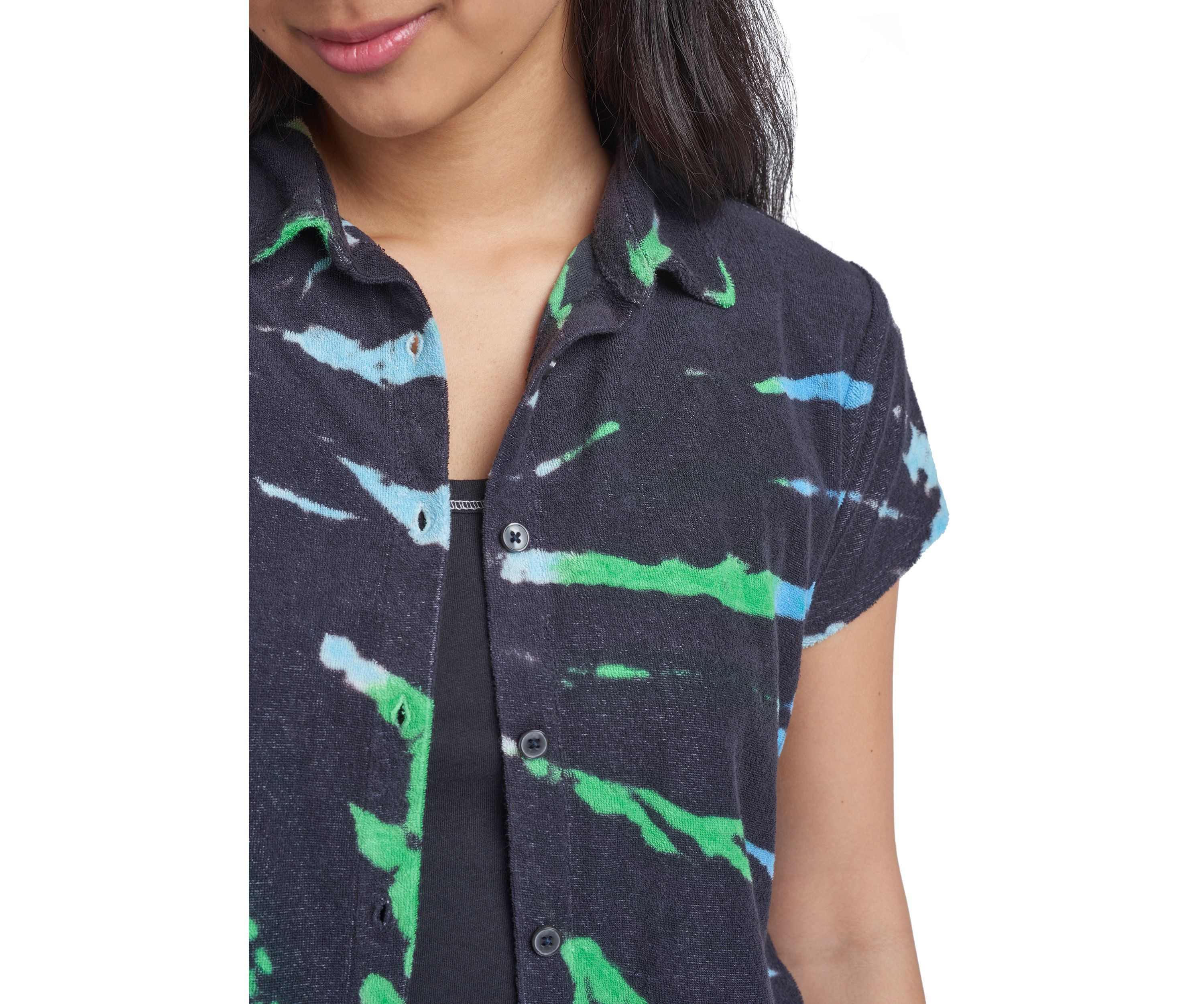Womens Printed French Terry Button Down Shirt 
