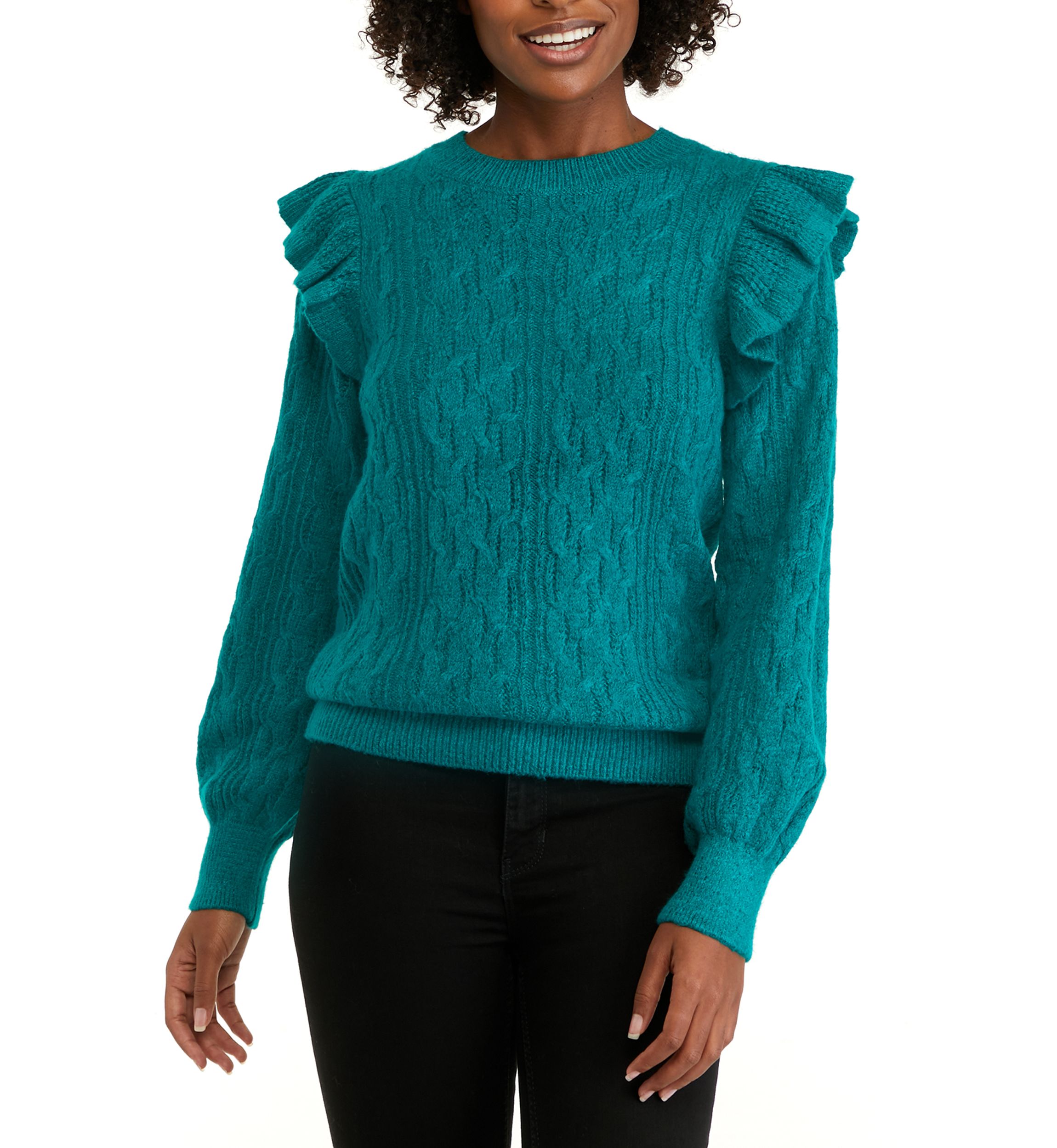 Womens Long Sleeve Ruffle Cable Knit Solid Sweater