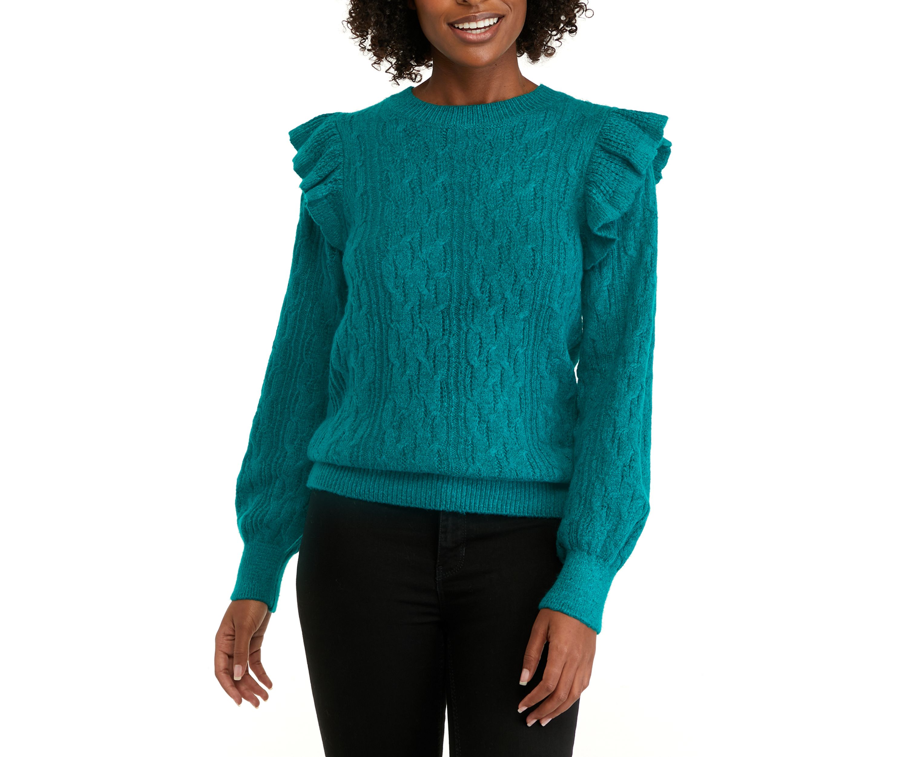 Womens Long Sleeve Ruffle Cable Knit Solid Sweater