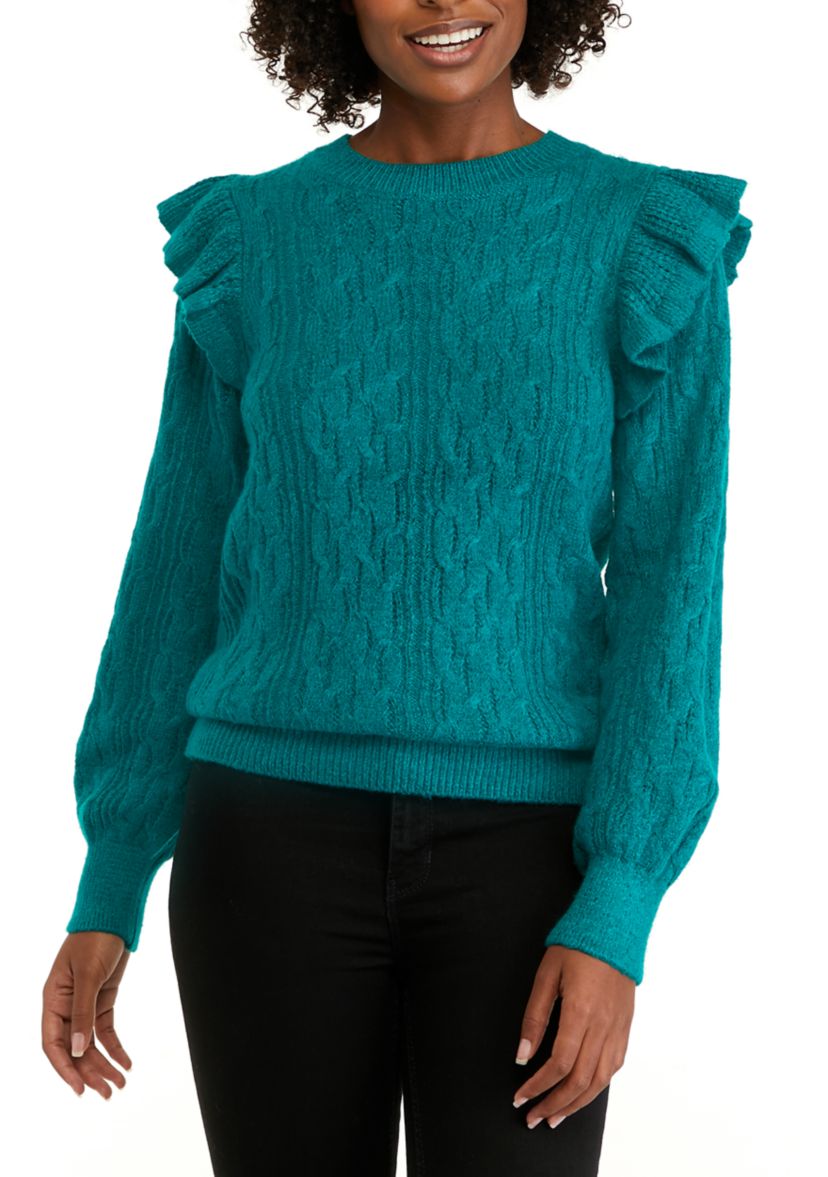 Womens Long Sleeve Ruffle Cable Knit Solid Sweater