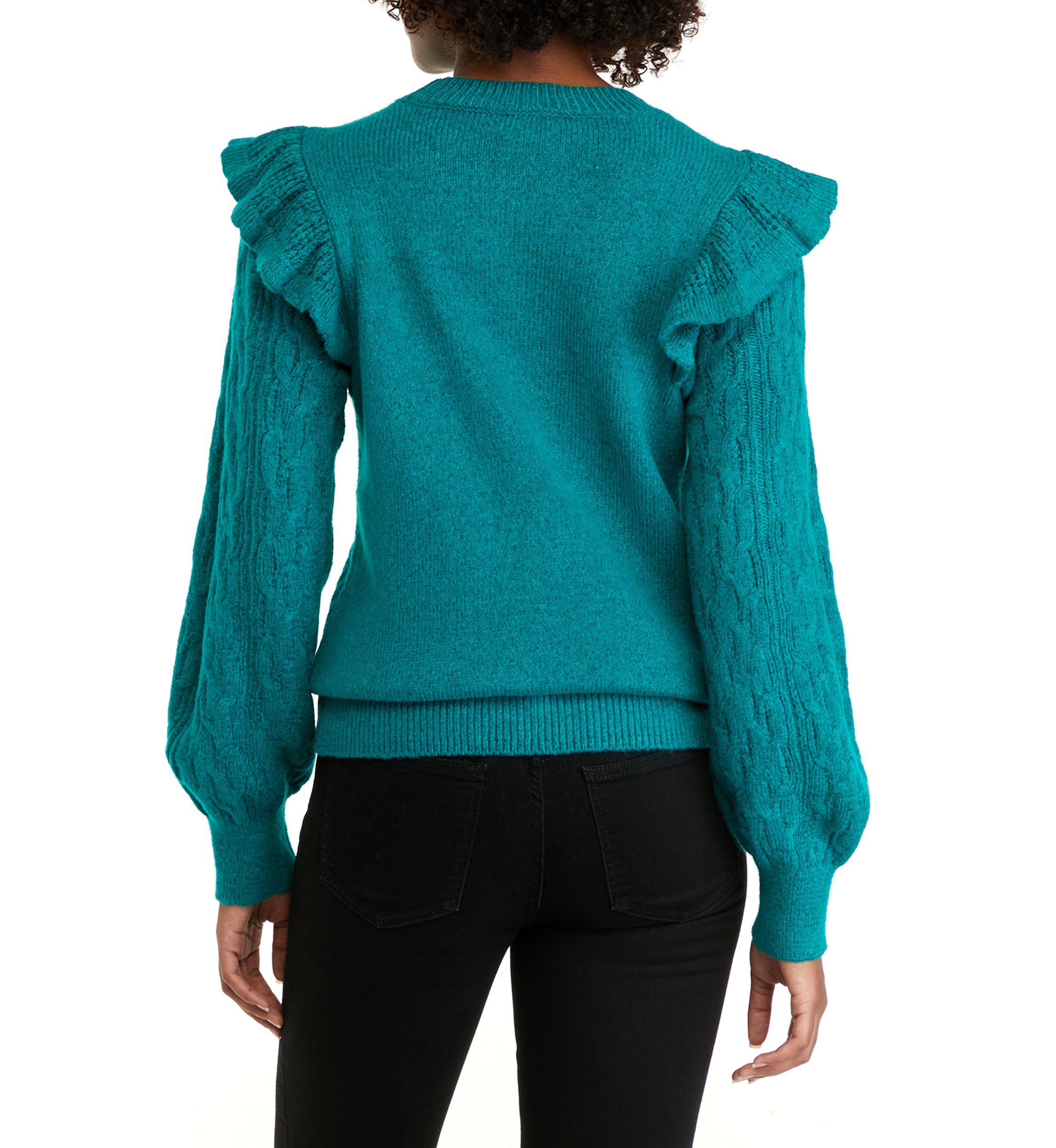 Womens Long Sleeve Ruffle Cable Knit Solid Sweater