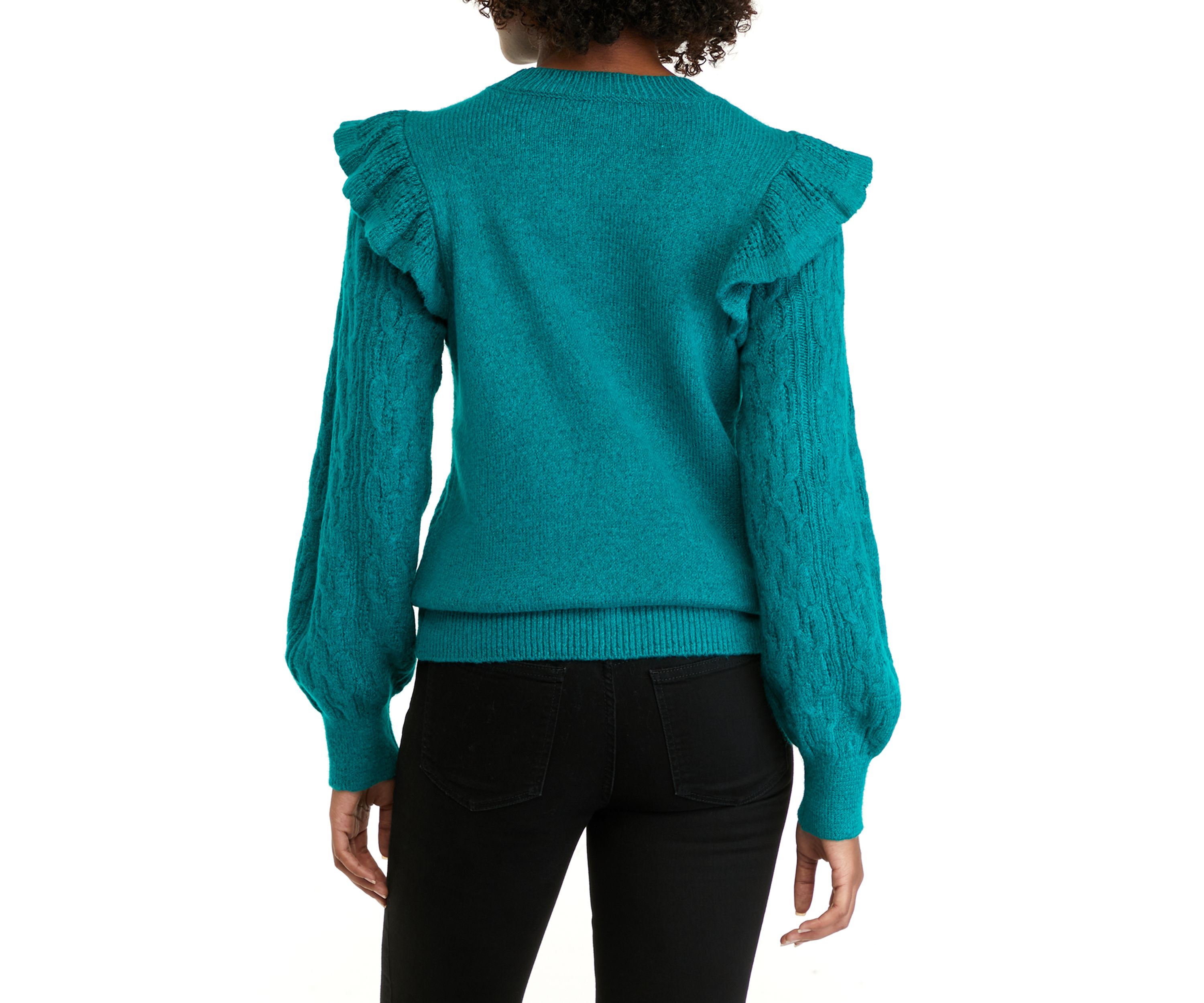Womens Long Sleeve Ruffle Cable Knit Solid Sweater