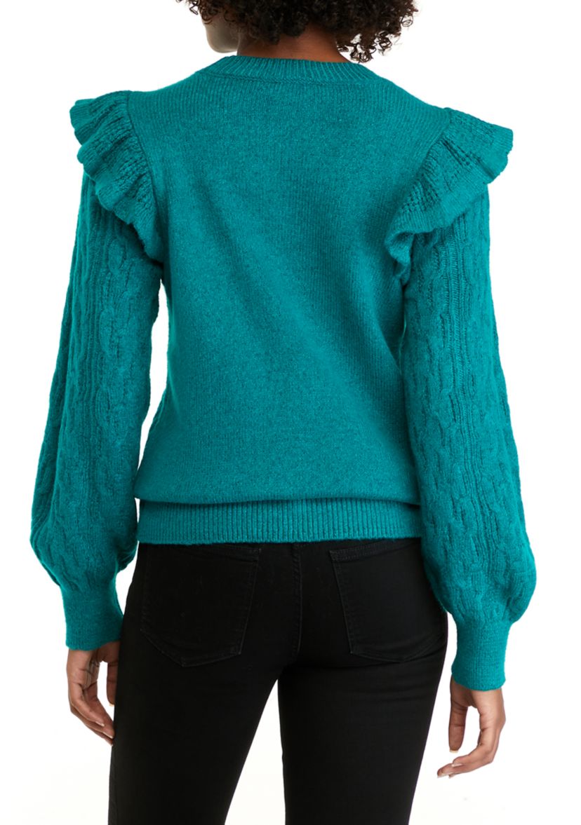 Womens Long Sleeve Ruffle Cable Knit Solid Sweater